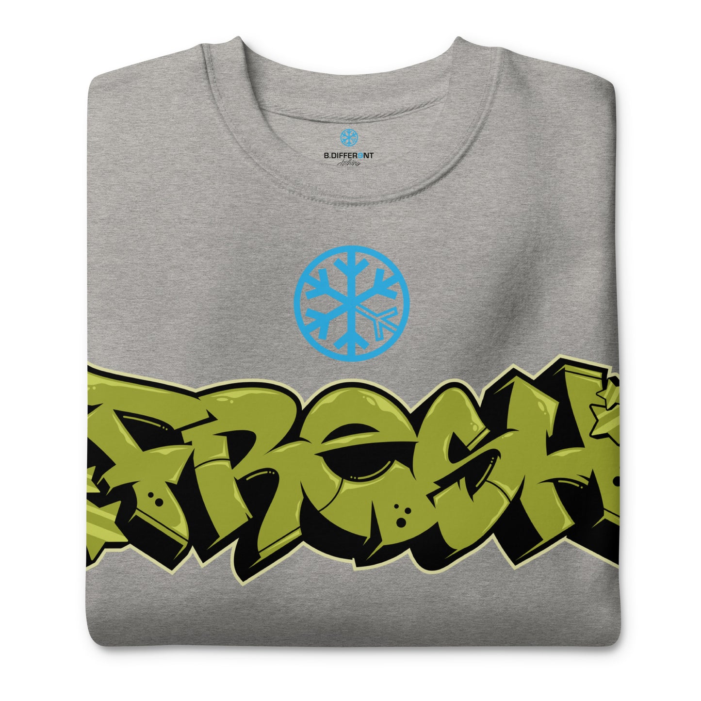 Gray-Fresh Graffiti Piece Sweatshirt from B.Different Clothing, folded, graffiti-inspired streetwear
