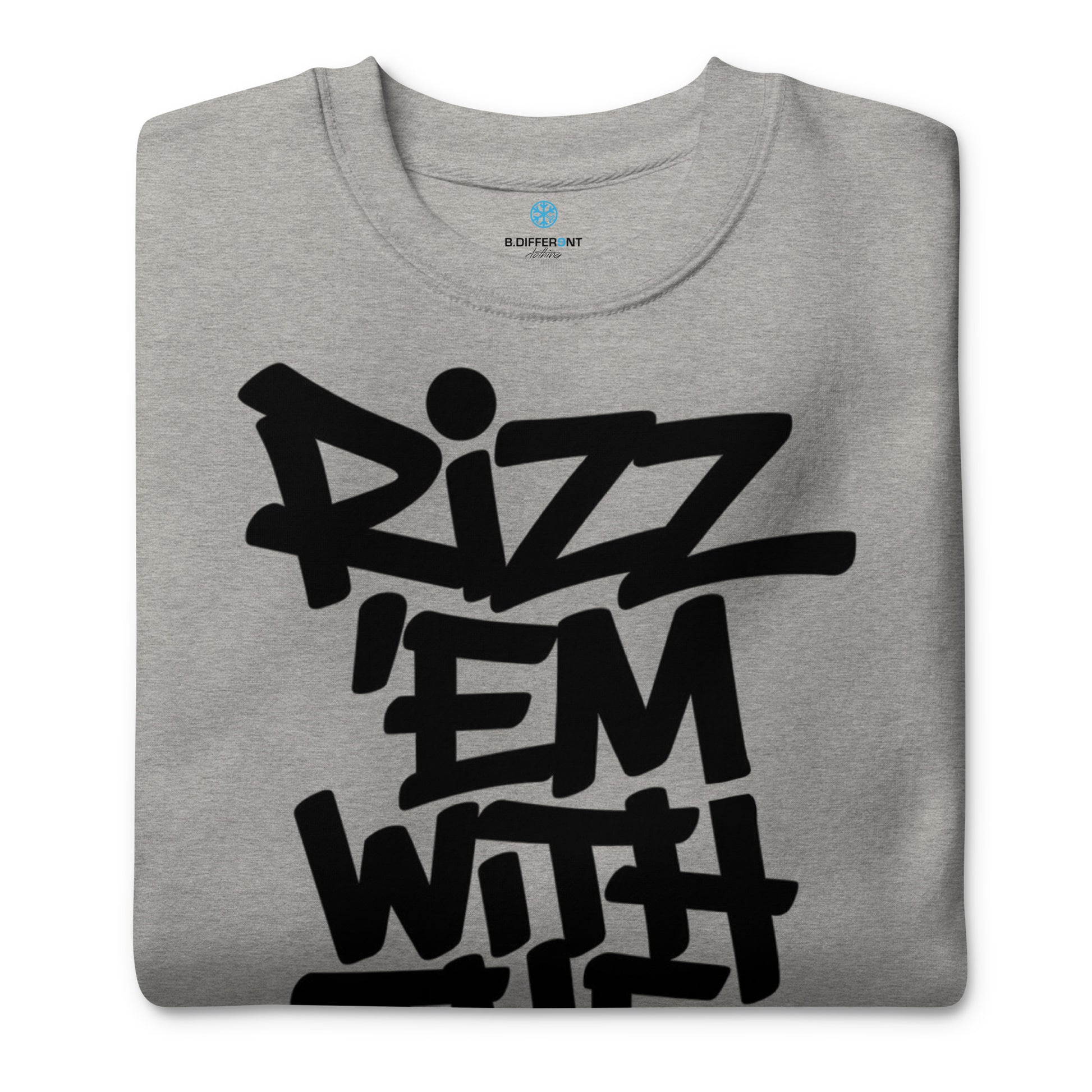 Gray-Rizz 'Em With The 'Tism Graffiti Sweatshirt from B.Different Clothing, folded, graffiti-inspired streetwear
