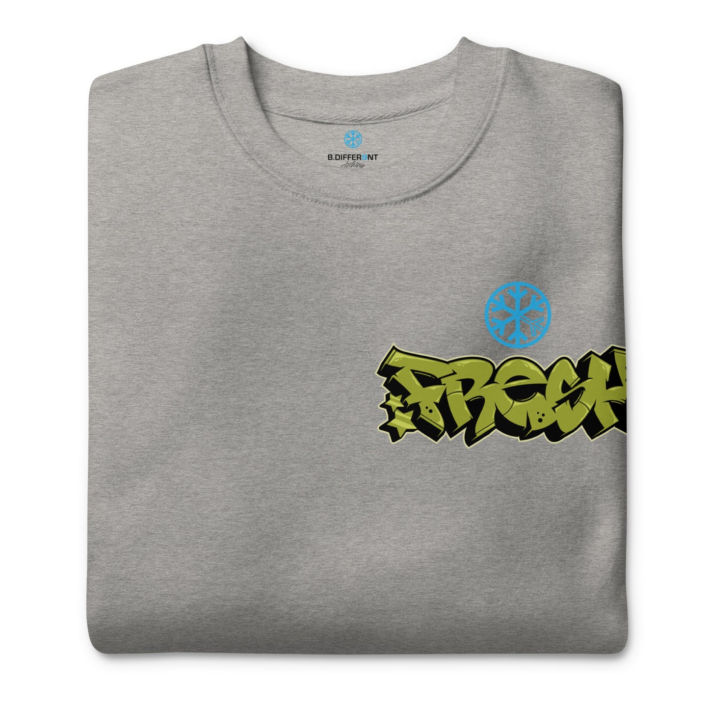 Gray-Fresh Graffiti Character Sweatshirt from B.Different Clothing, folded, graffiti-inspired streetwear