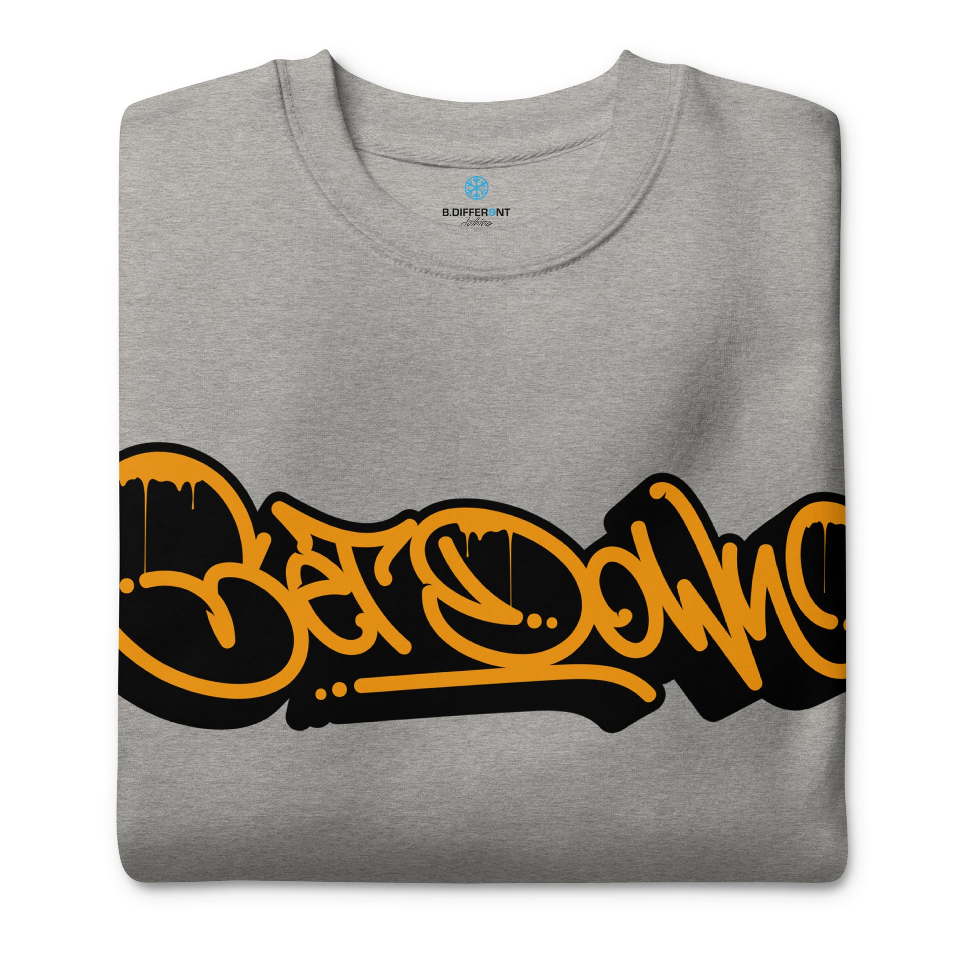 Gray-Get Down Graffiti Tag Sweatshirt from B.Different Clothing, folded, graffiti-inspired streetwear