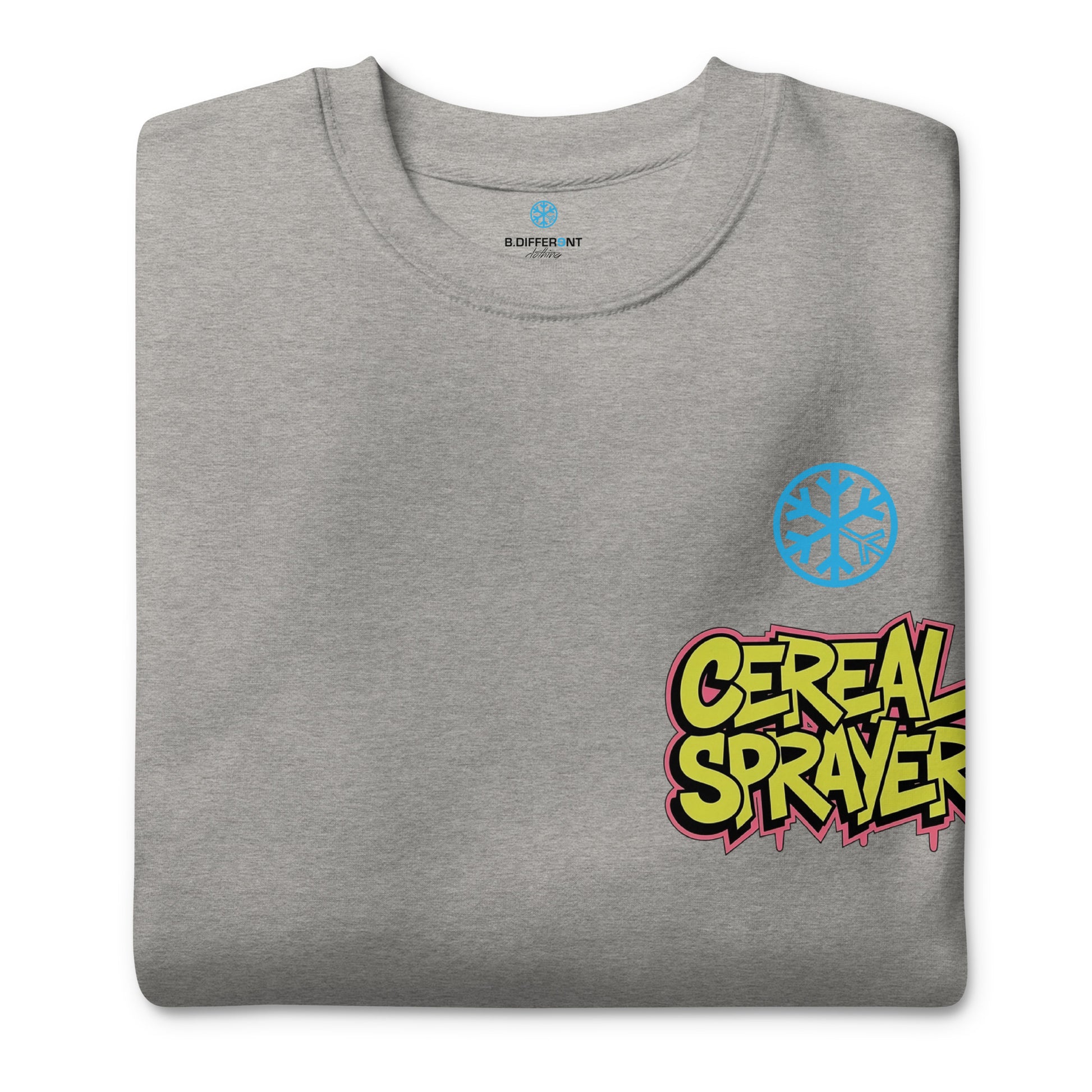 Gray-Cereal Sprayer Graffiti Sweatshirt from B.Different Clothing, folded, graffiti-inspired streetwear