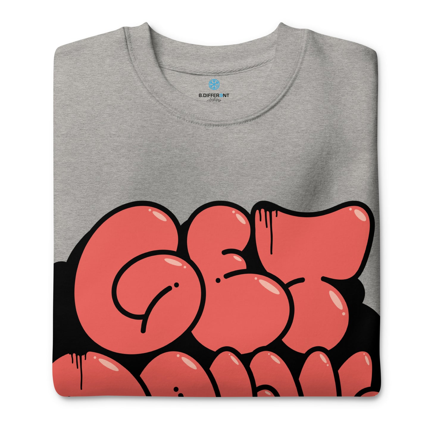 Gray-Get Down Graffiti Throw-up Sweatshirt from B.Different Clothing, folded, graffiti-inspired streetwear