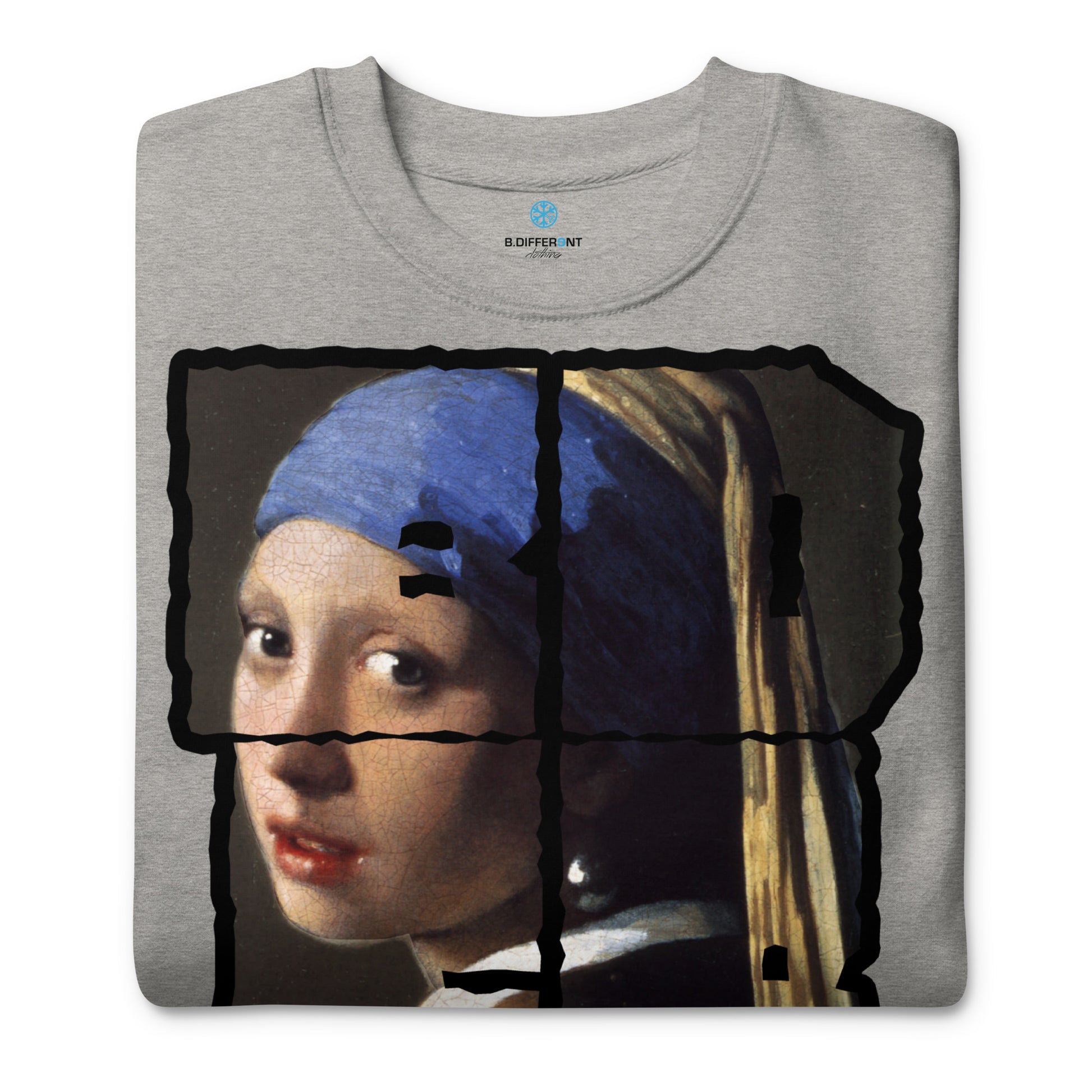 Gray-BDFRNT Throwie x Girl With Pearl Earring Graffiti Sweatshirt from B.Different Clothing, folded, graffiti-inspired streetwear