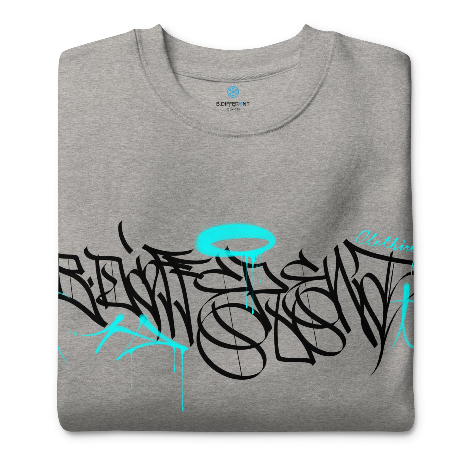 Gray-Caos One Collab Graffiti Sweatshirt from B.Different Clothing, folded, graffiti-inspired streetwear