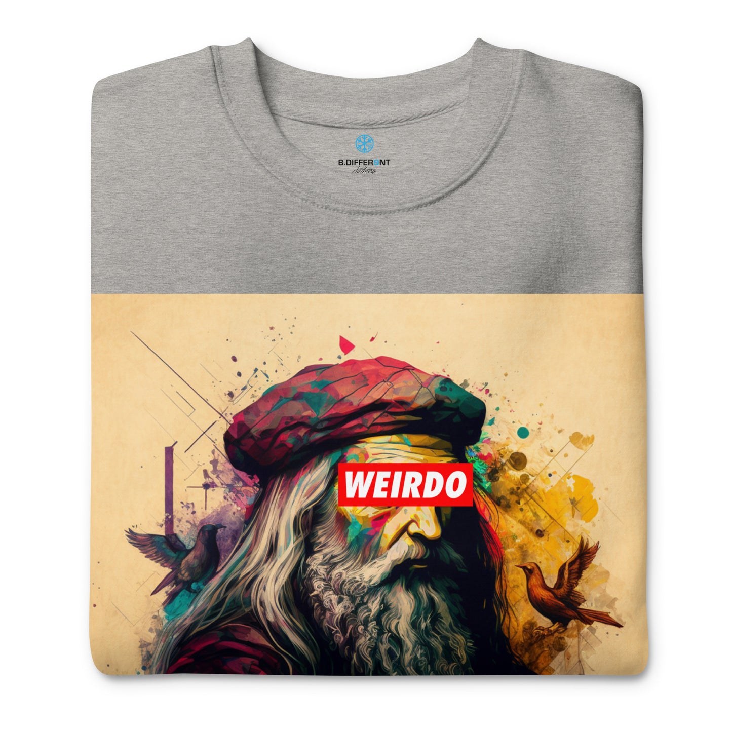 Gray-Leonardo da Vinci Sweatshirt from B.Different Clothing, folded, graffiti-inspired streetwear