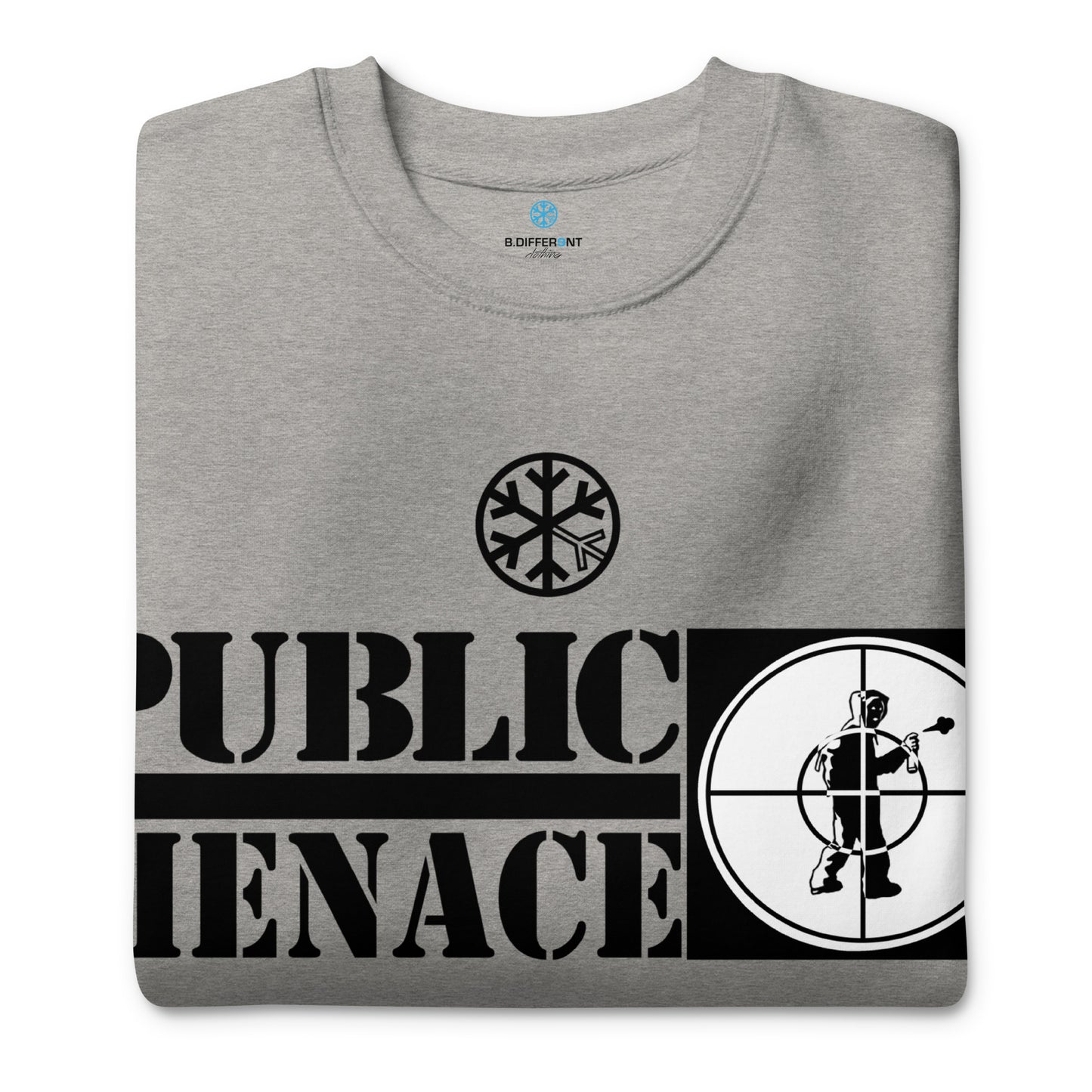 Gray-Public Menace Graffiti Sweatshirt from B.Different Clothing, folded, graffiti-inspired streetwear