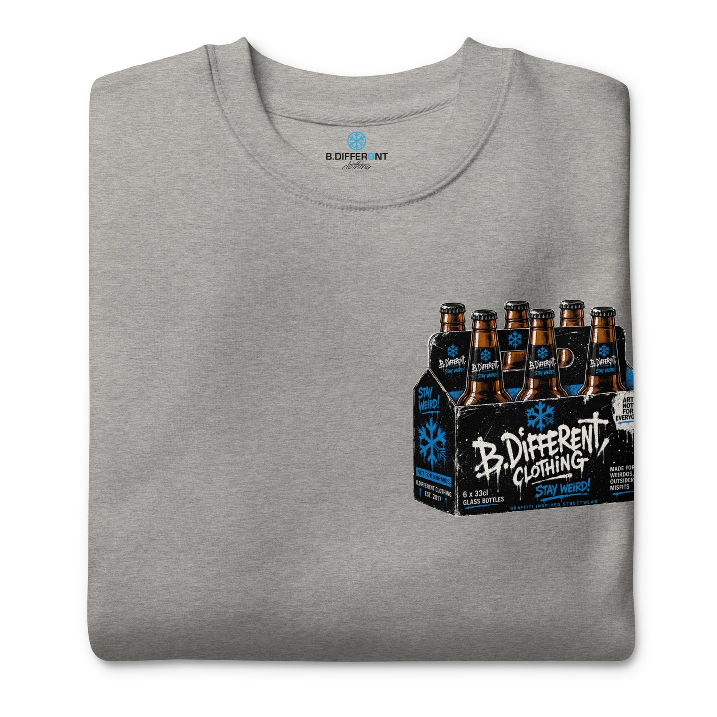 Gray-Six Pack Beer Graffiti Sweatshirt from B.Different Clothing, folded, graffiti-inspired streetwear