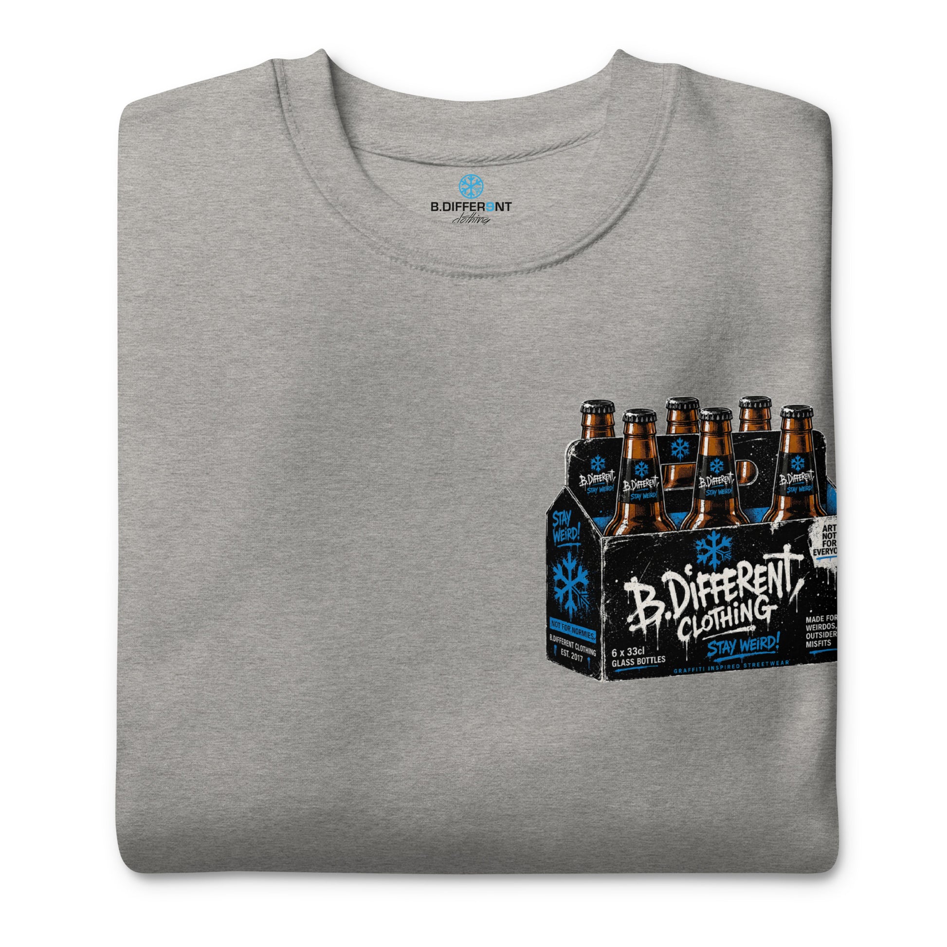 Gray-Six Pack Beer Graffiti Sweatshirt from B.Different Clothing, folded, graffiti-inspired streetwear