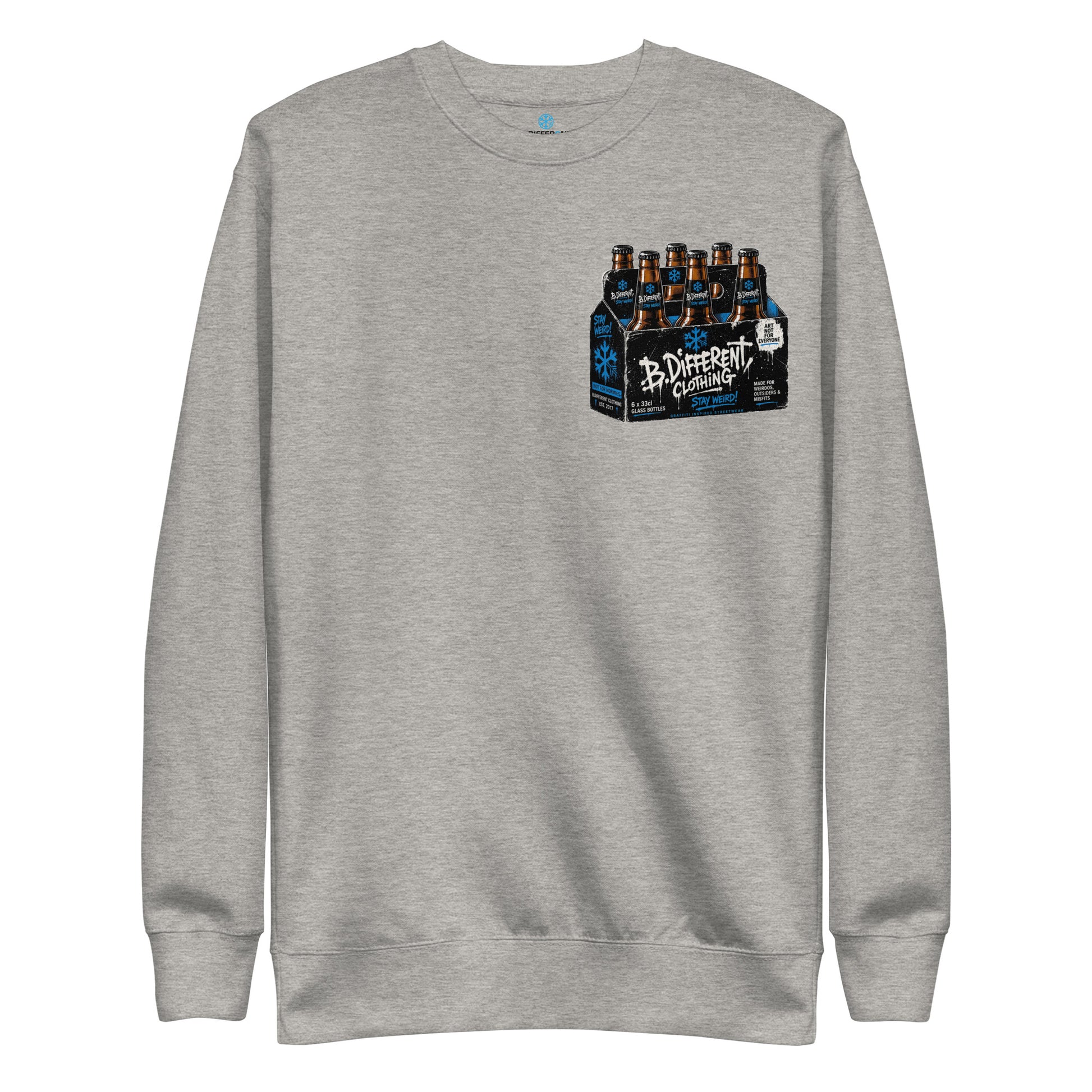 Gray-Six Pack Beer Graffiti Sweatshirt from B.Different Clothing, front view, graffiti-inspired streetwear