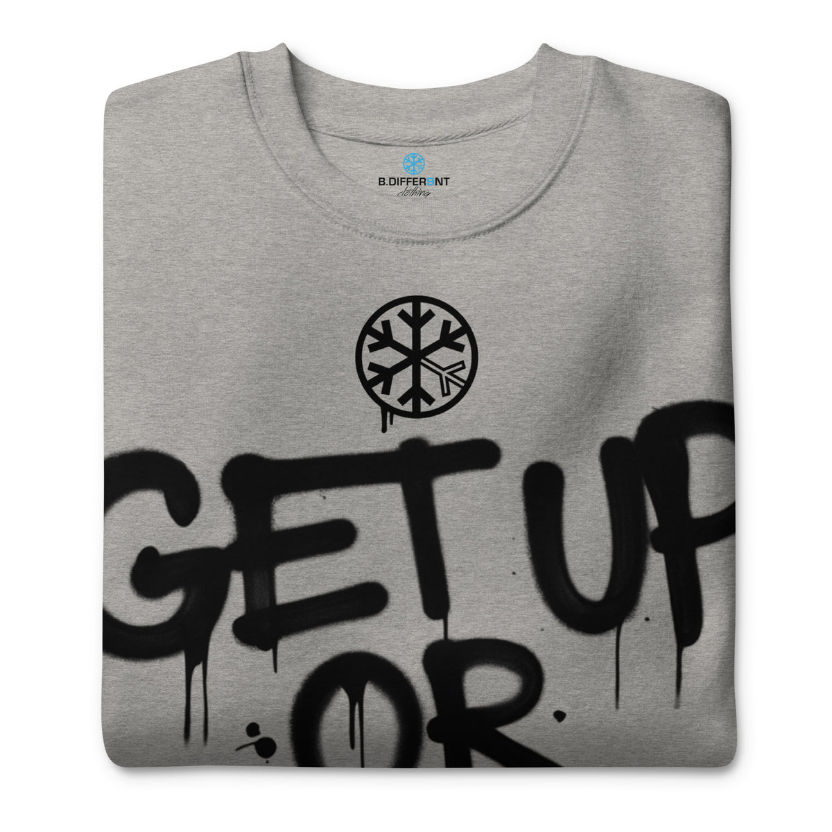 Carbon Grey-Get Up or Die Graffiti Tag Sweatshirt from B.Different Clothing, folded, graffiti-inspired streetwear