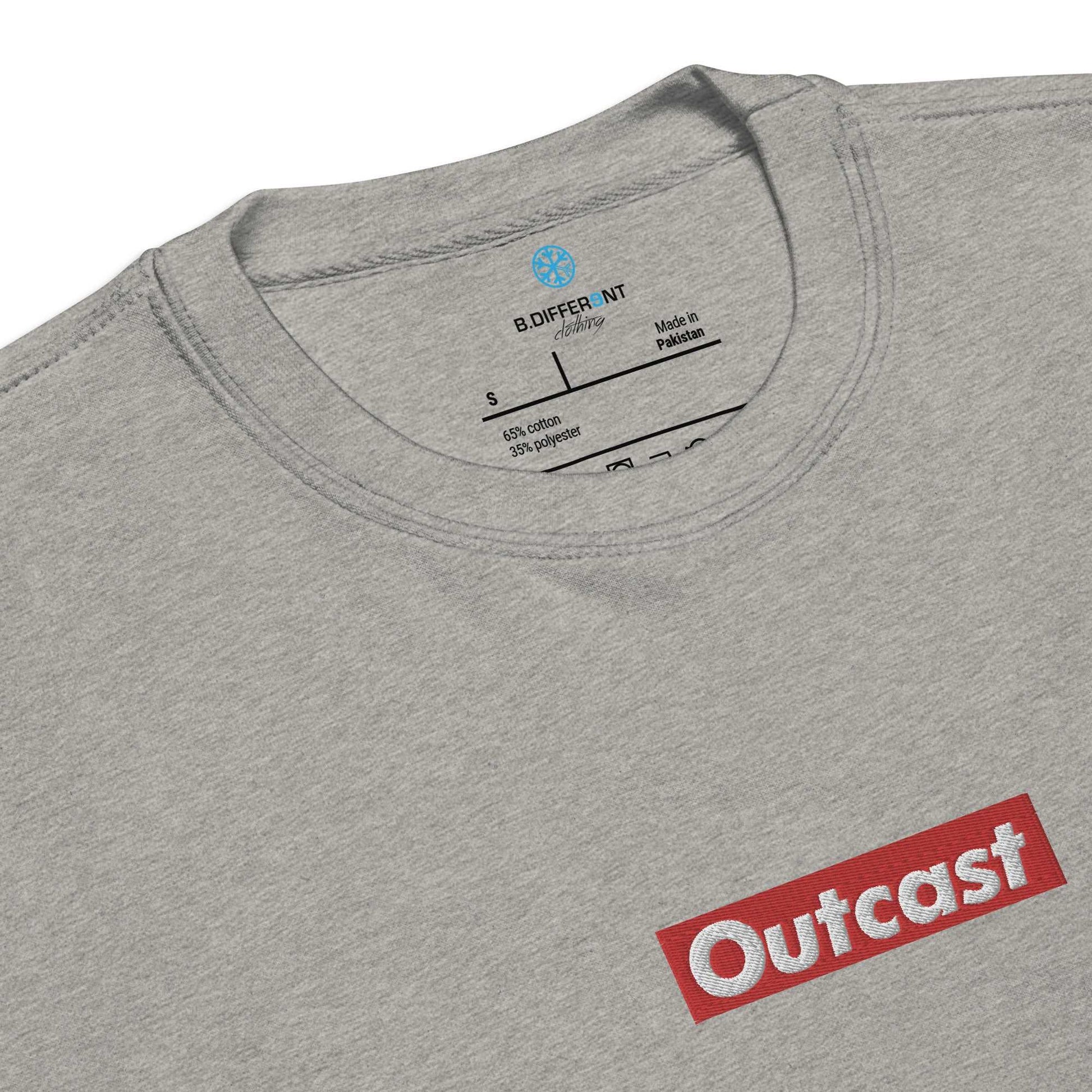 collar of Outcast box sweatshirt gray b.different clothing street art graffiti inspired independent streetwear