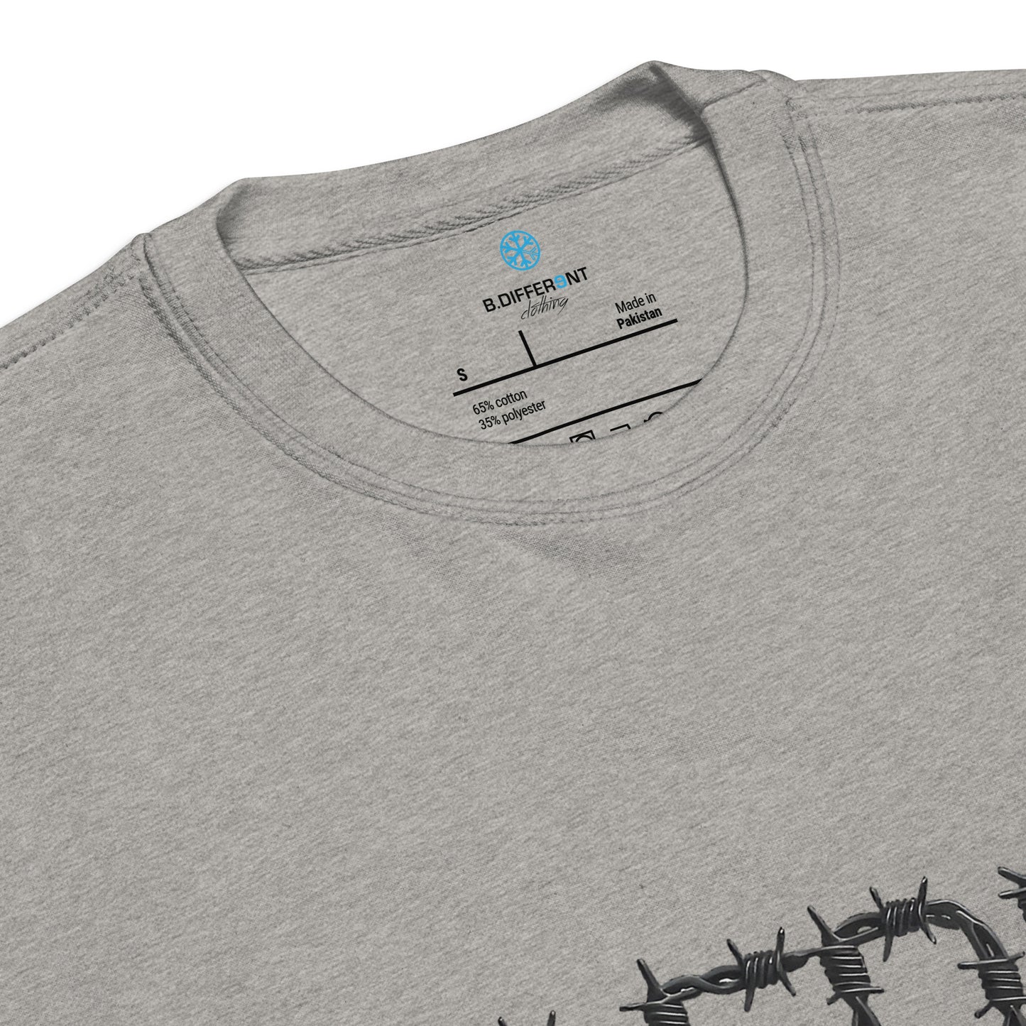 Gray-B.DFRNT Barbed Wire Sweatshirt from B.Different Clothing, collar, graffiti-inspired streetwear