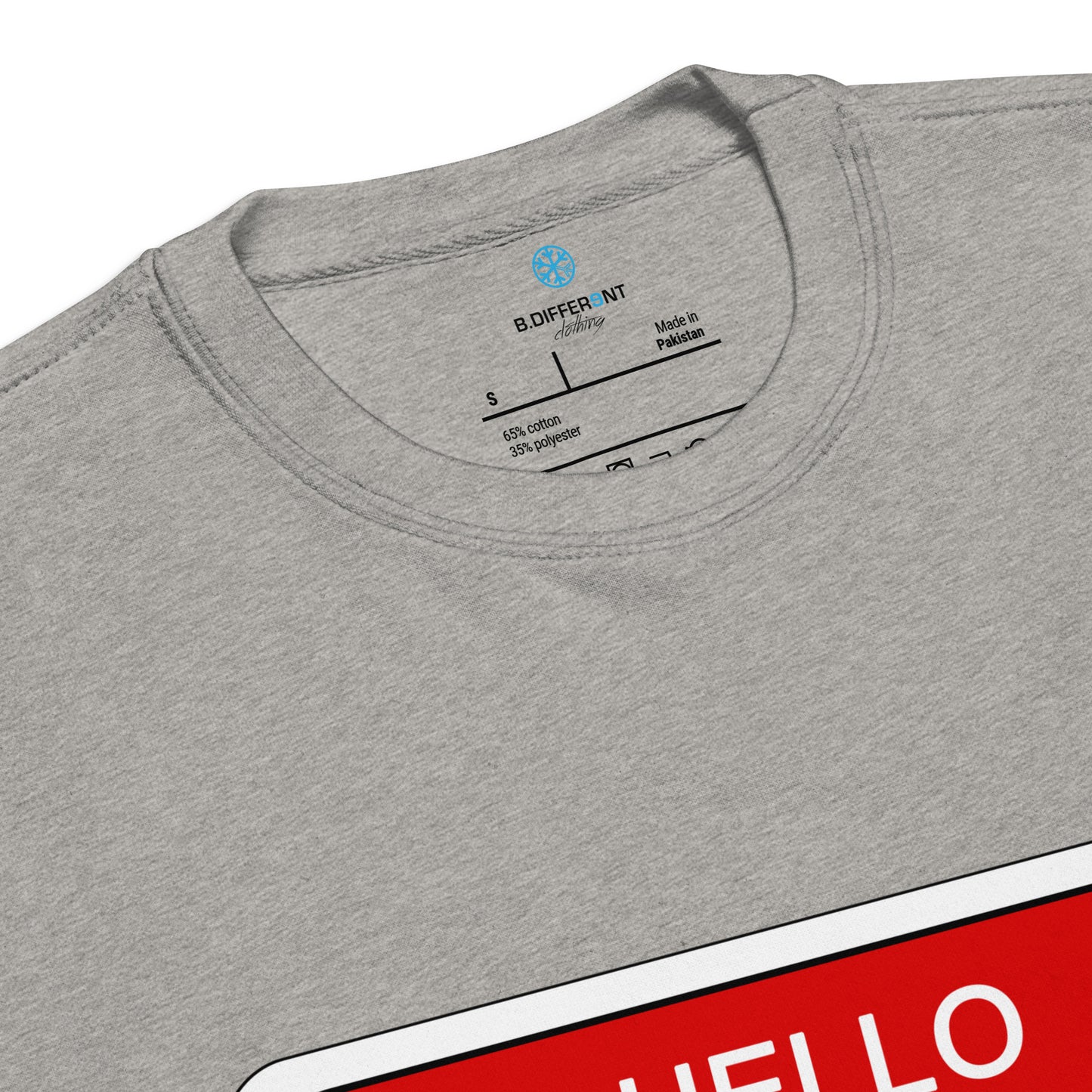 Gray-Hello My Name Is Sticker Graffiti Sweatshirt from B.Different Clothing, collar, graffiti-inspired streetwear