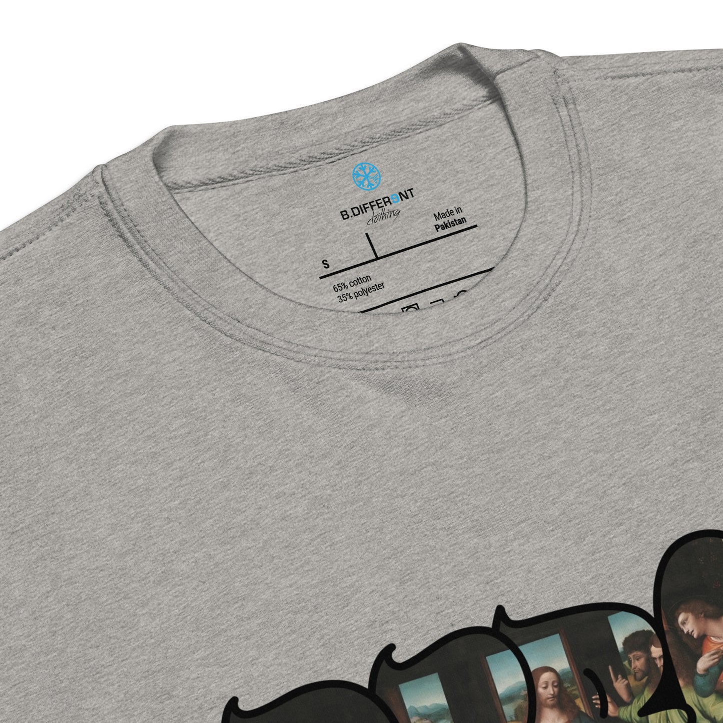 Gray-BDFRNT Throwie x Last Supper Graffiti Sweatshirt from B.Different Clothing, collar, graffiti-inspired streetwear