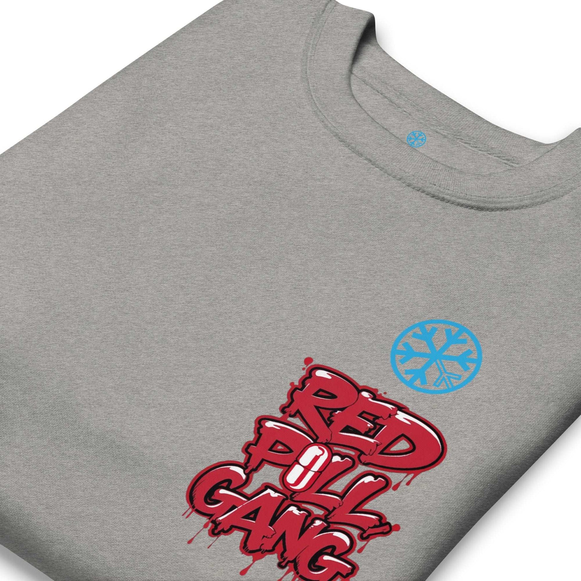 detail of red pill gang sweatshirt gray B.Different Clothing graffiti street art inspired independent streetwear 