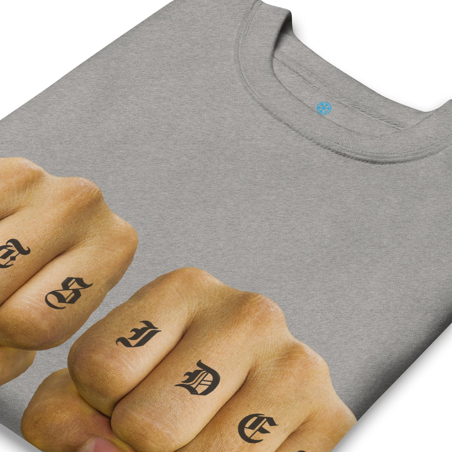 Gray-Outsider Tattoo Sweatshirt from B.Different Clothing, detail, graffiti-inspired streetwear