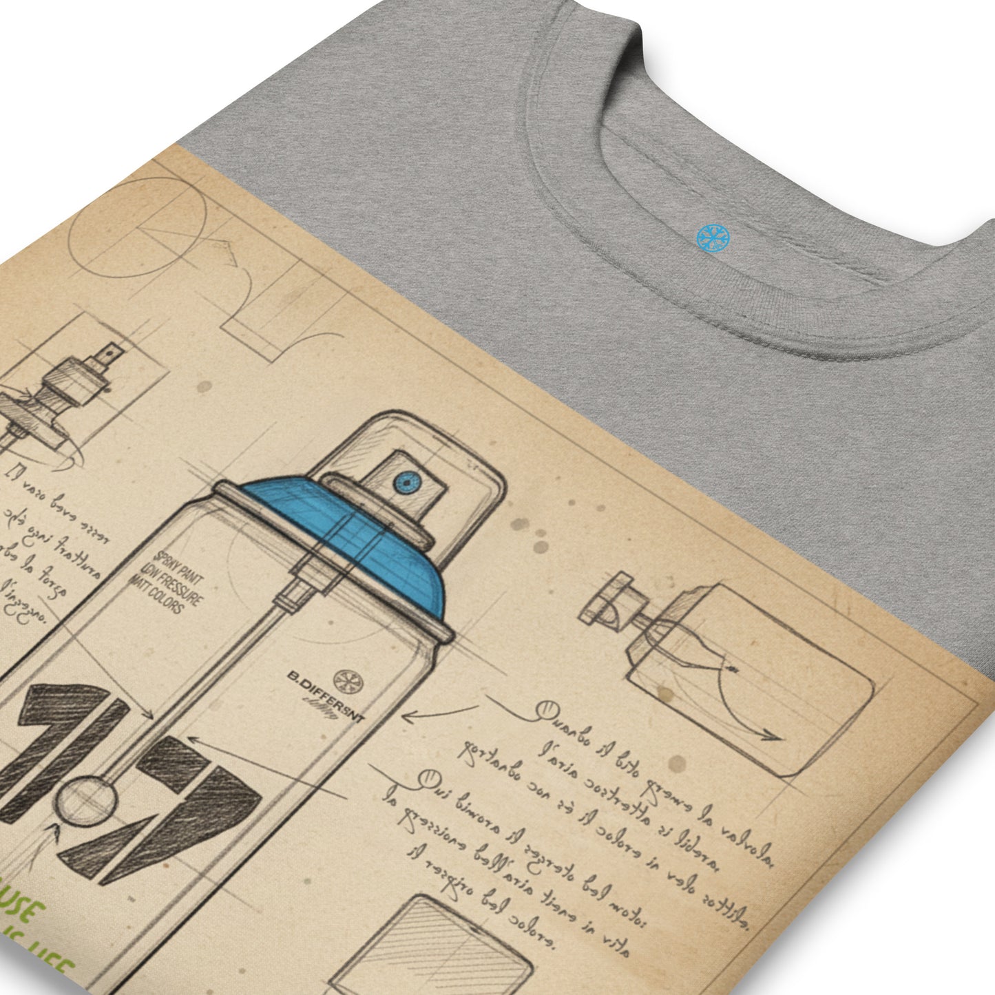 Gray-Spray Can Sketch Graffiti Sweatshirt from B.Different Clothing, detail, graffiti-inspired streetwear