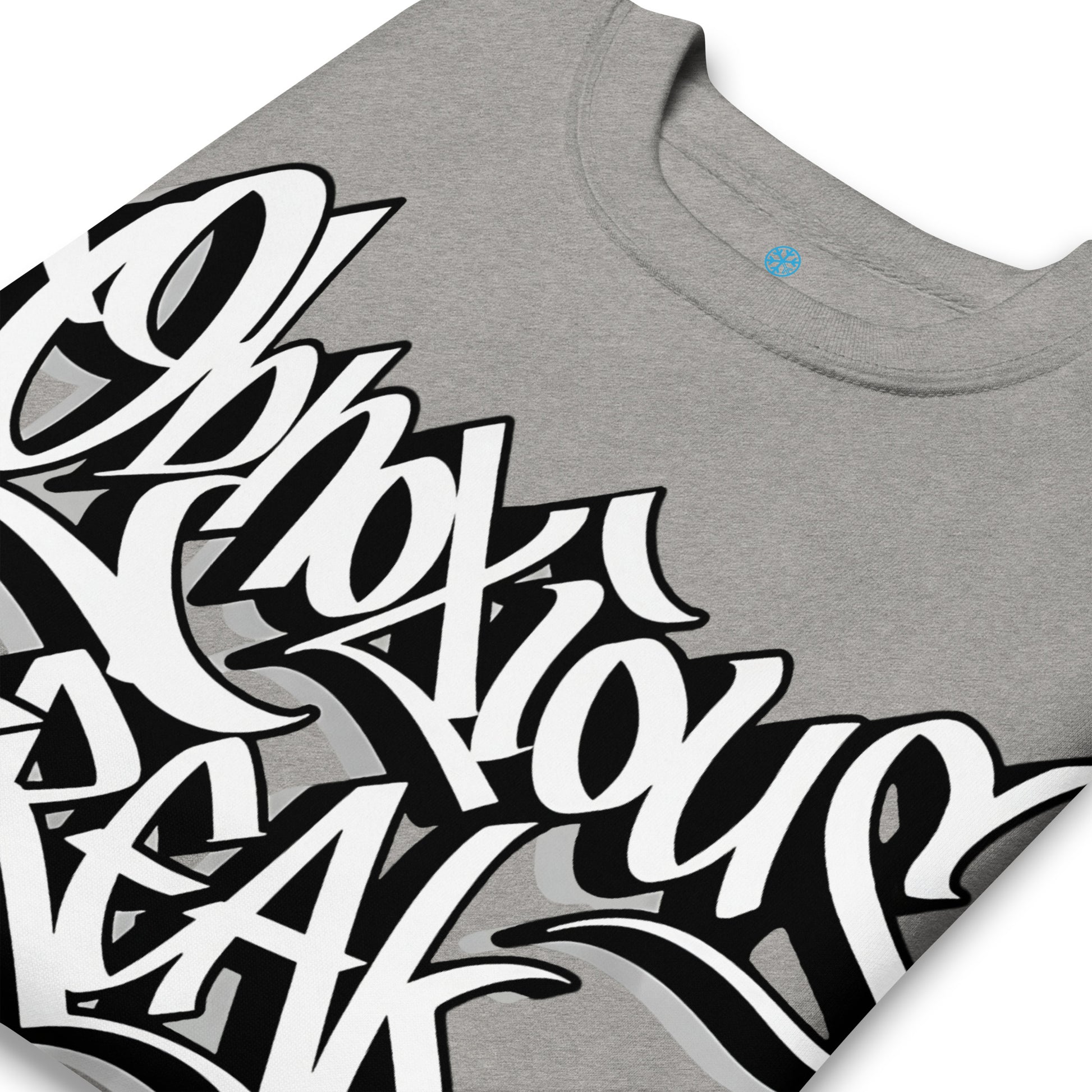 Gray-Obnoxious Freak Graffiti Sweatshirt from B.Different Clothing, detail, graffiti-inspired streetwear