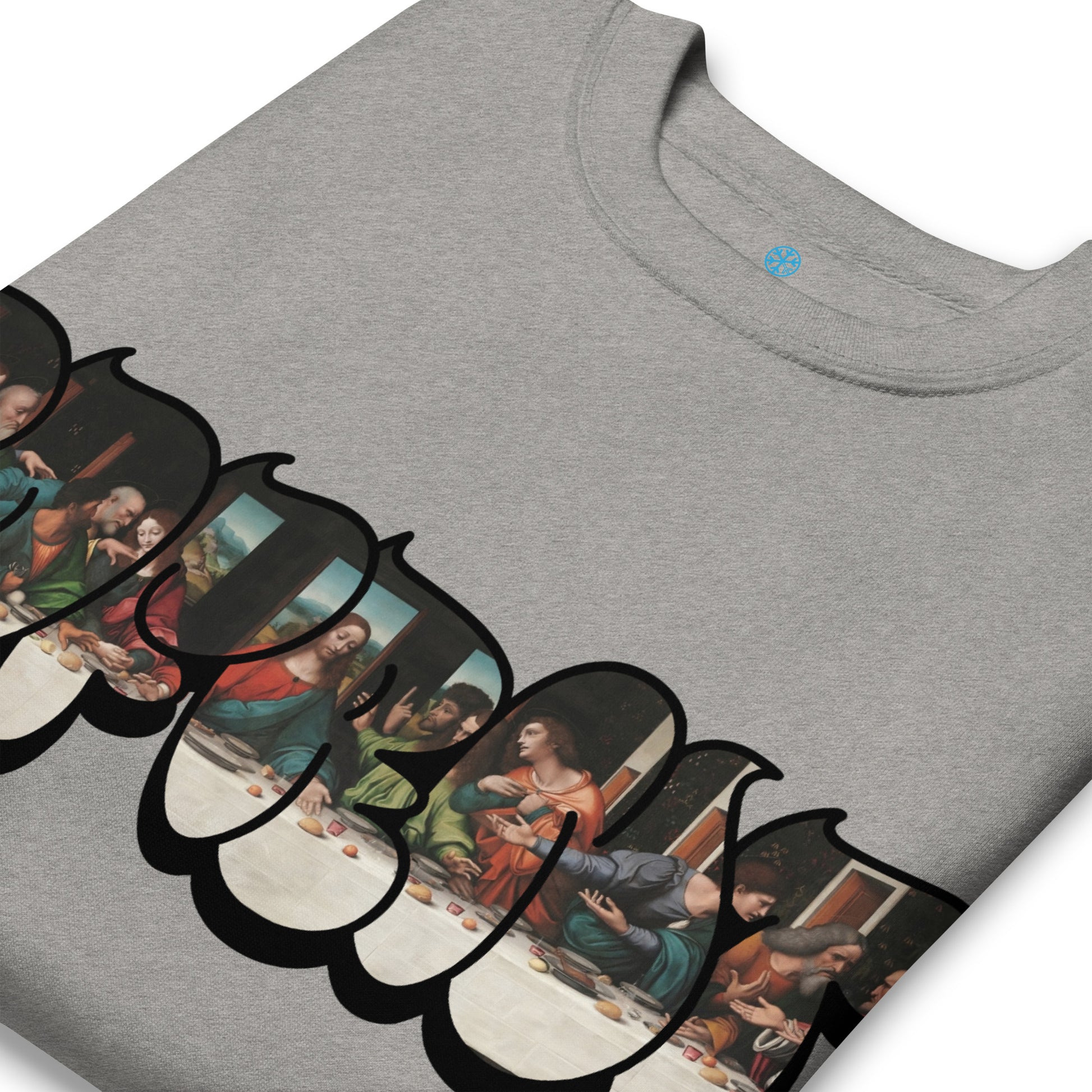 Gray-BDFRNT Throwie x Last Supper Graffiti Sweatshirt from B.Different Clothing, detail, graffiti-inspired streetwear