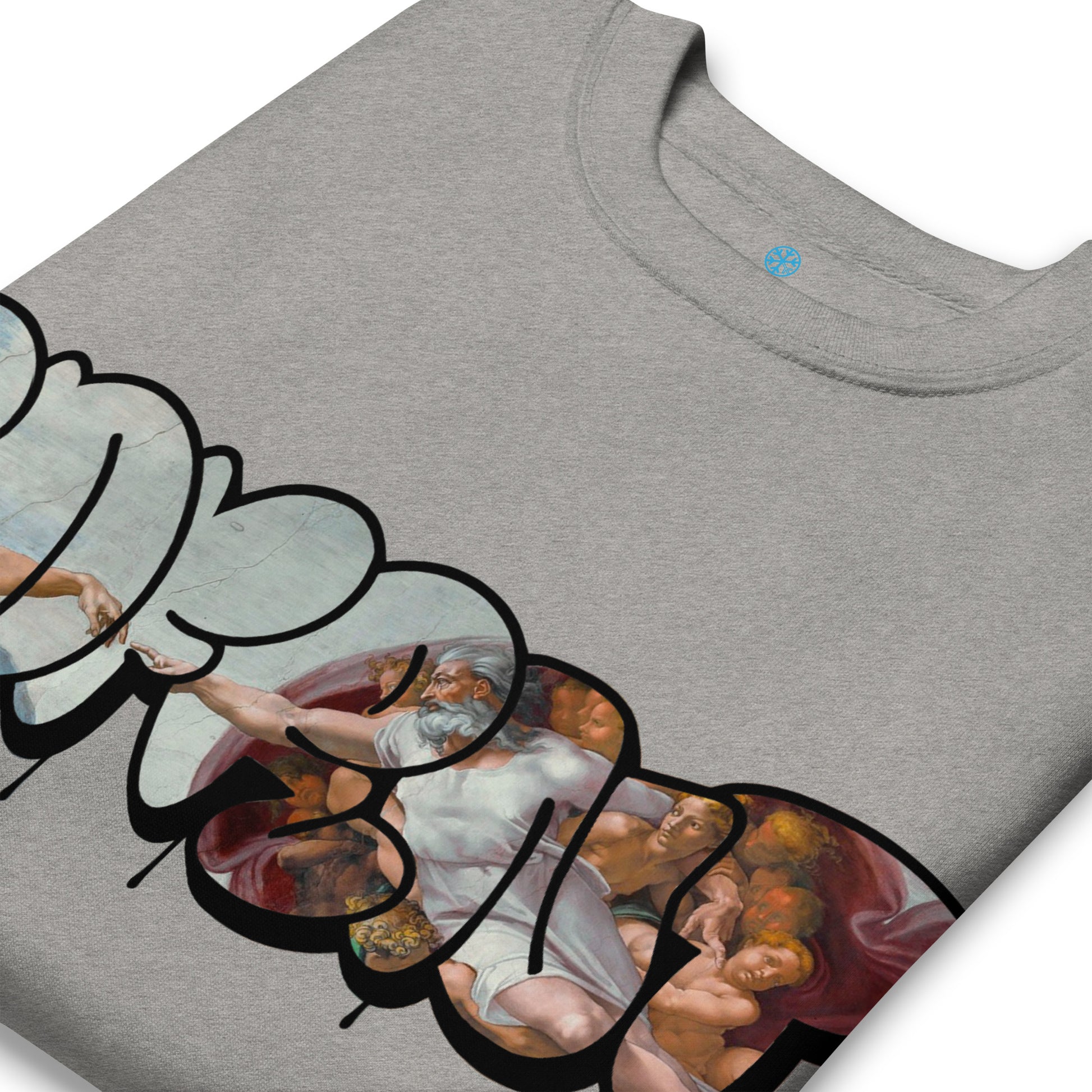 Gray-BDFRNT Throwie x Creation of Adam Graffiti Sweatshirt from B.Different Clothing, detail, graffiti-inspired streetwear