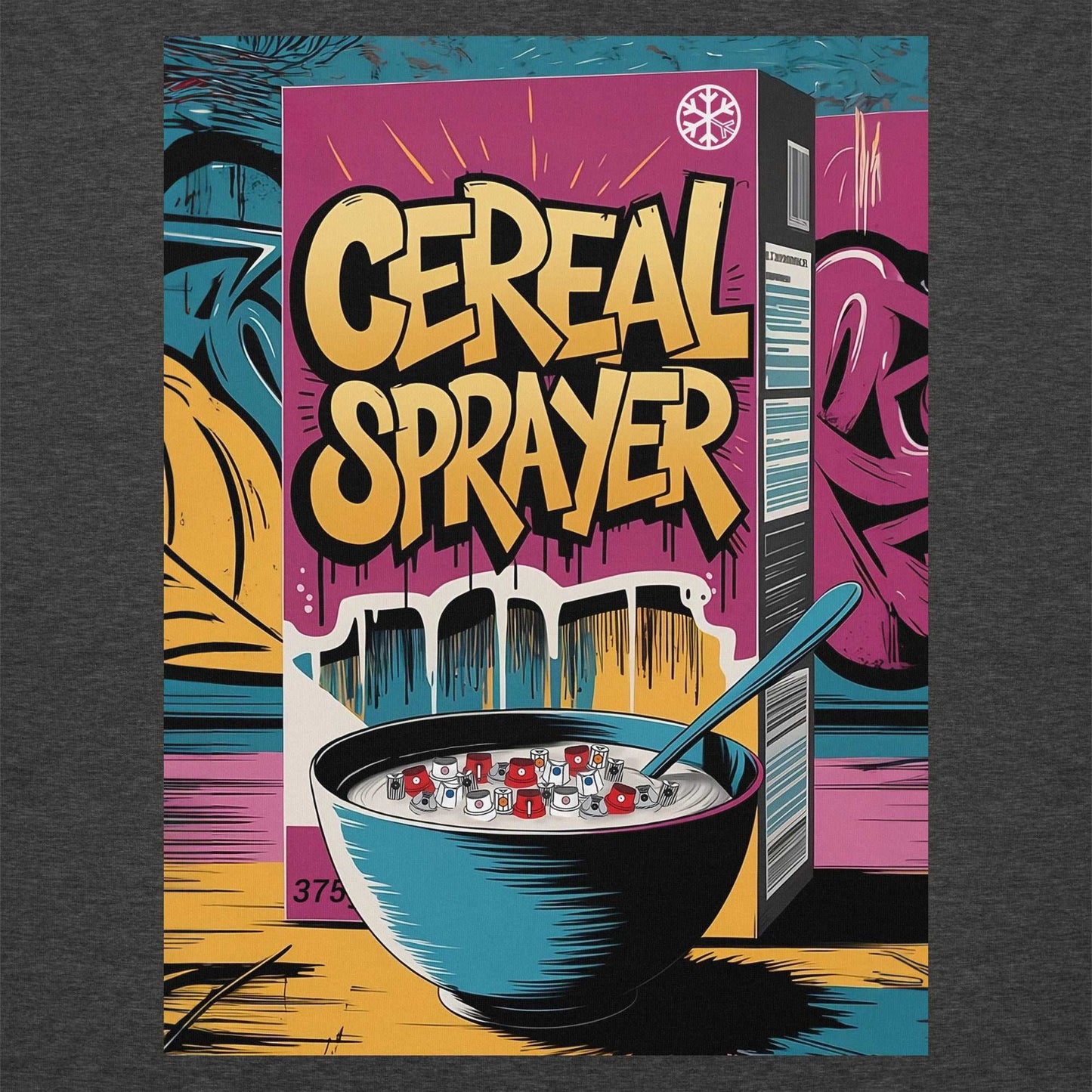 graphic of Cereal Sprayer Graffiti sweatshirt dark gray B.Different Clothing graffiti street art inspired streetwear brand