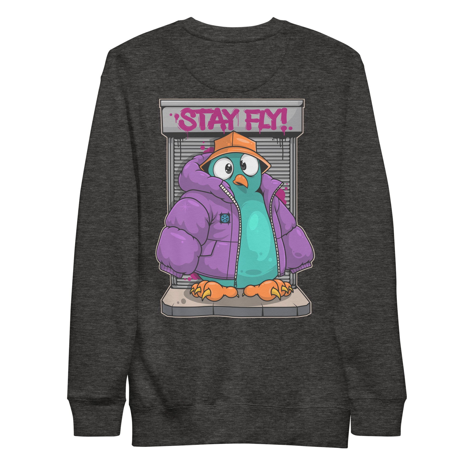 Darkgray-Stay Fly Graffiti Character Sweatshirt from B.Different Clothing, back view, graffiti-inspired streetwear