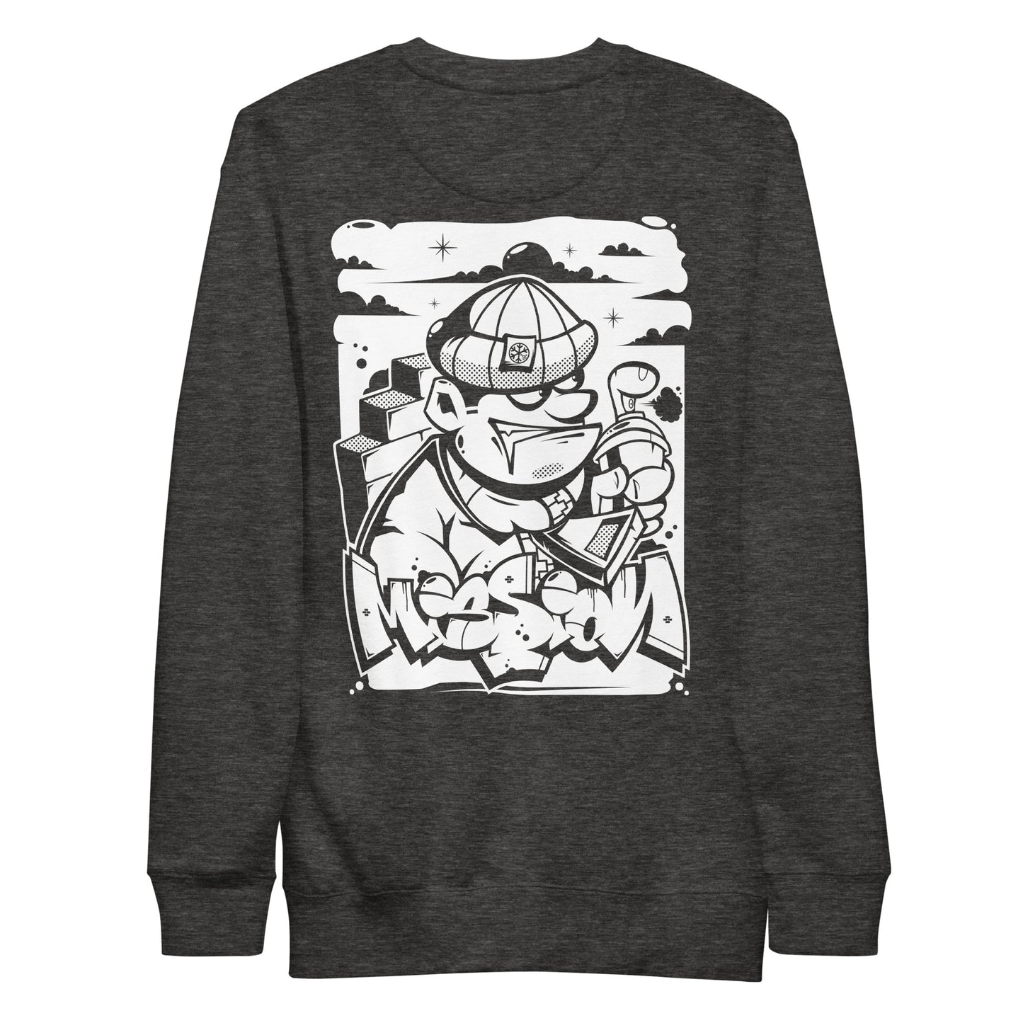 Darkgray-Mission Graffiti Character Sweatshirt from B.Different Clothing, back view, graffiti-inspired streetwear