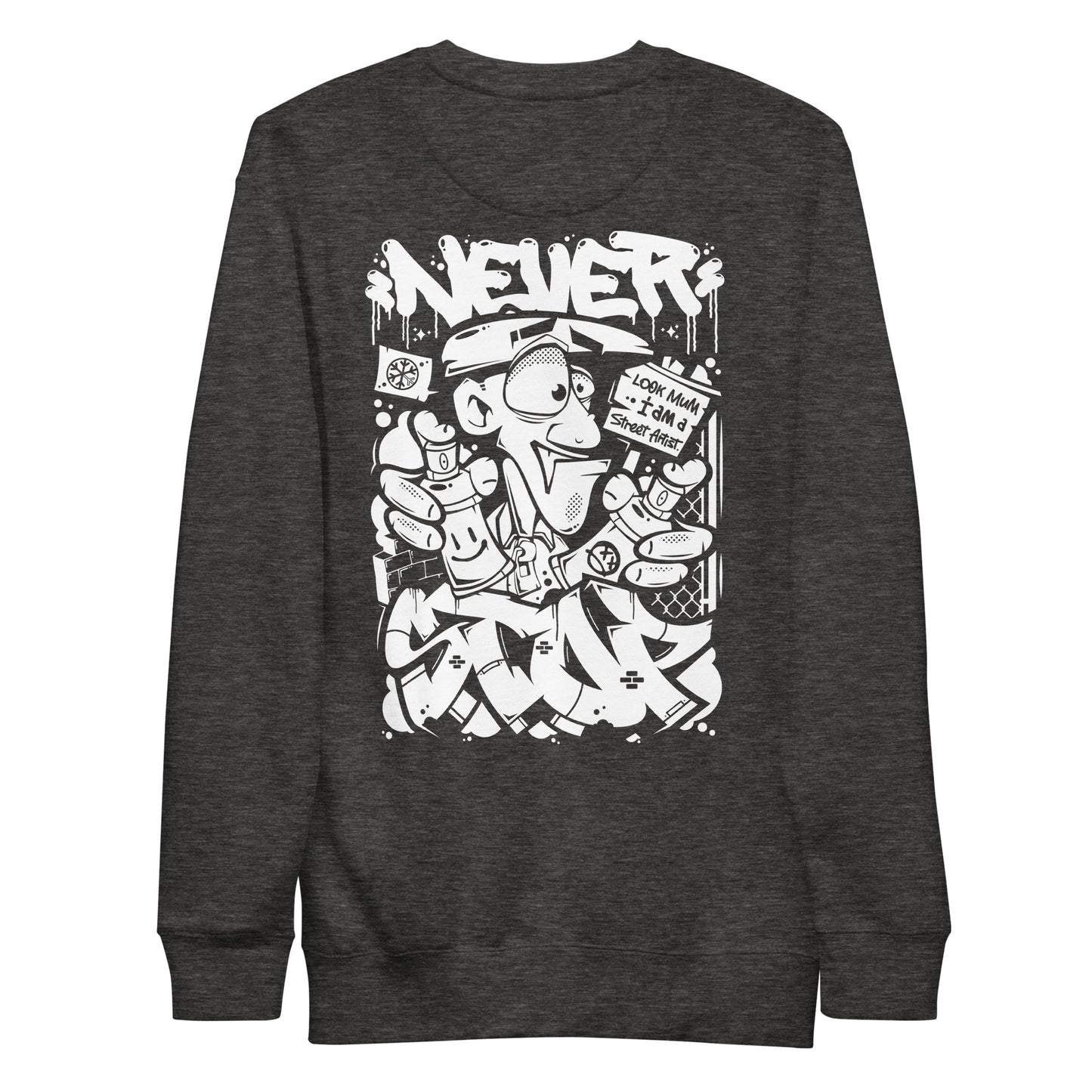 Darkgray-Never Stop Graffiti Character Sweatshirt from B.Different Clothing, back view, graffiti-inspired streetwear