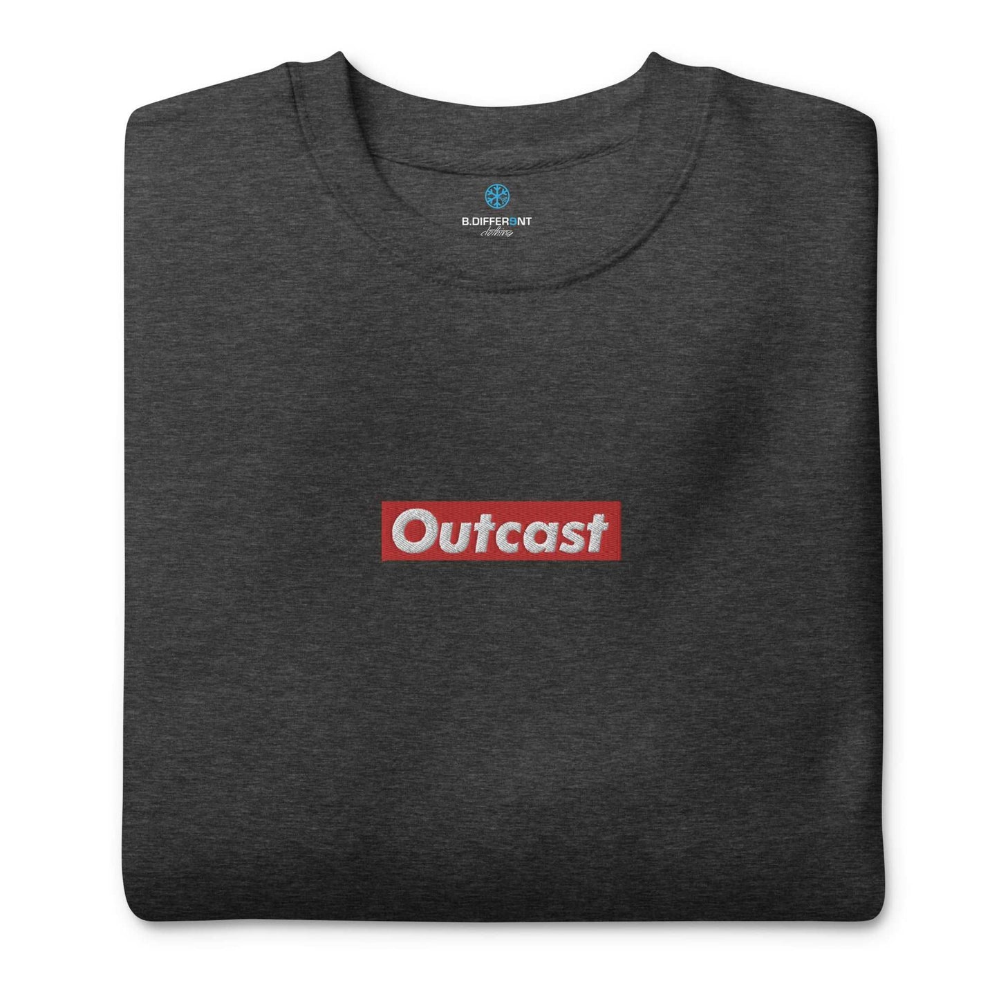 folded Outcast box sweatshirt dark gray b.different clothing street art graffiti inspired independent streetwear