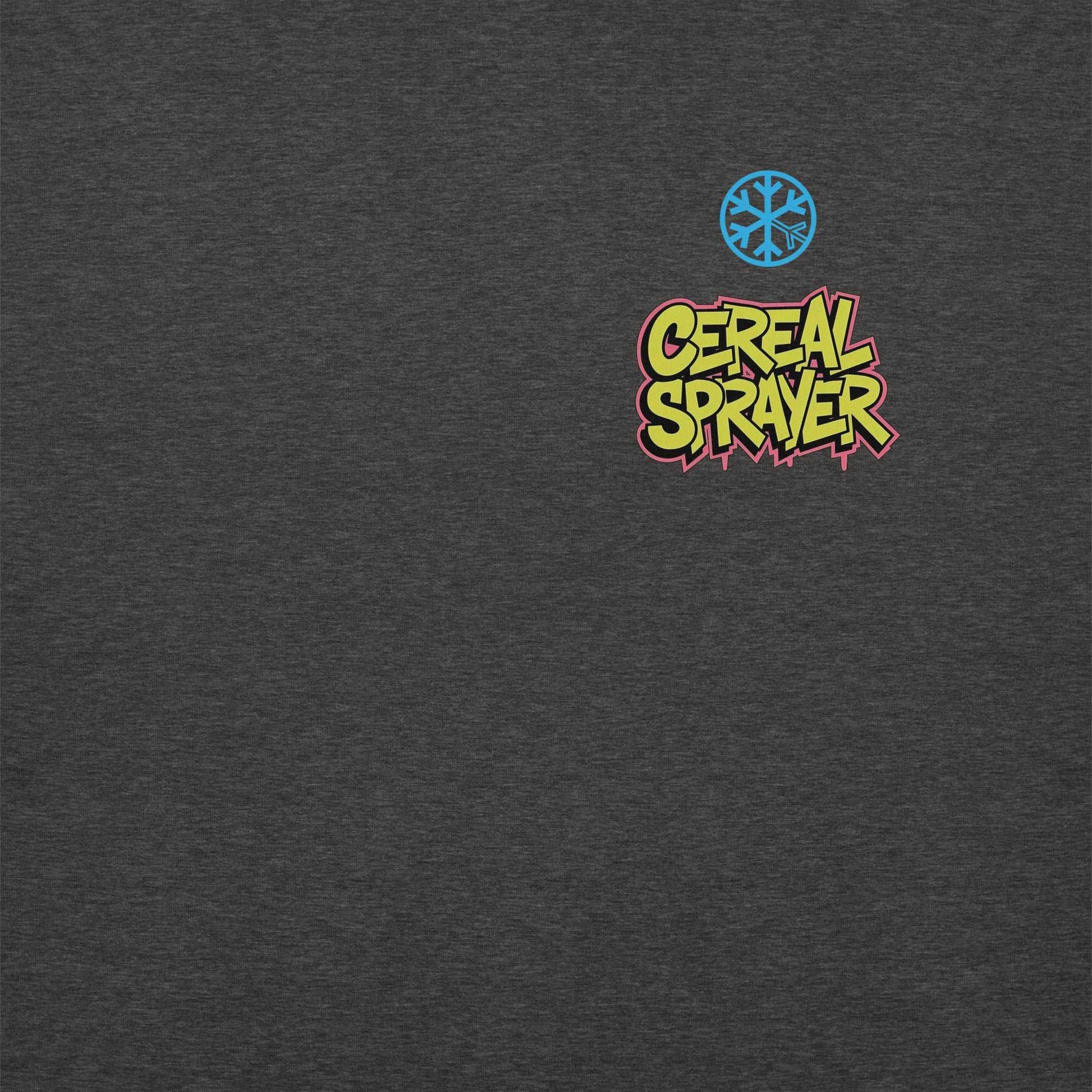 front graphic of Cereal Sprayer Graffiti sweatshirt dark gray B.Different Clothing graffiti street art inspired streetwear brand