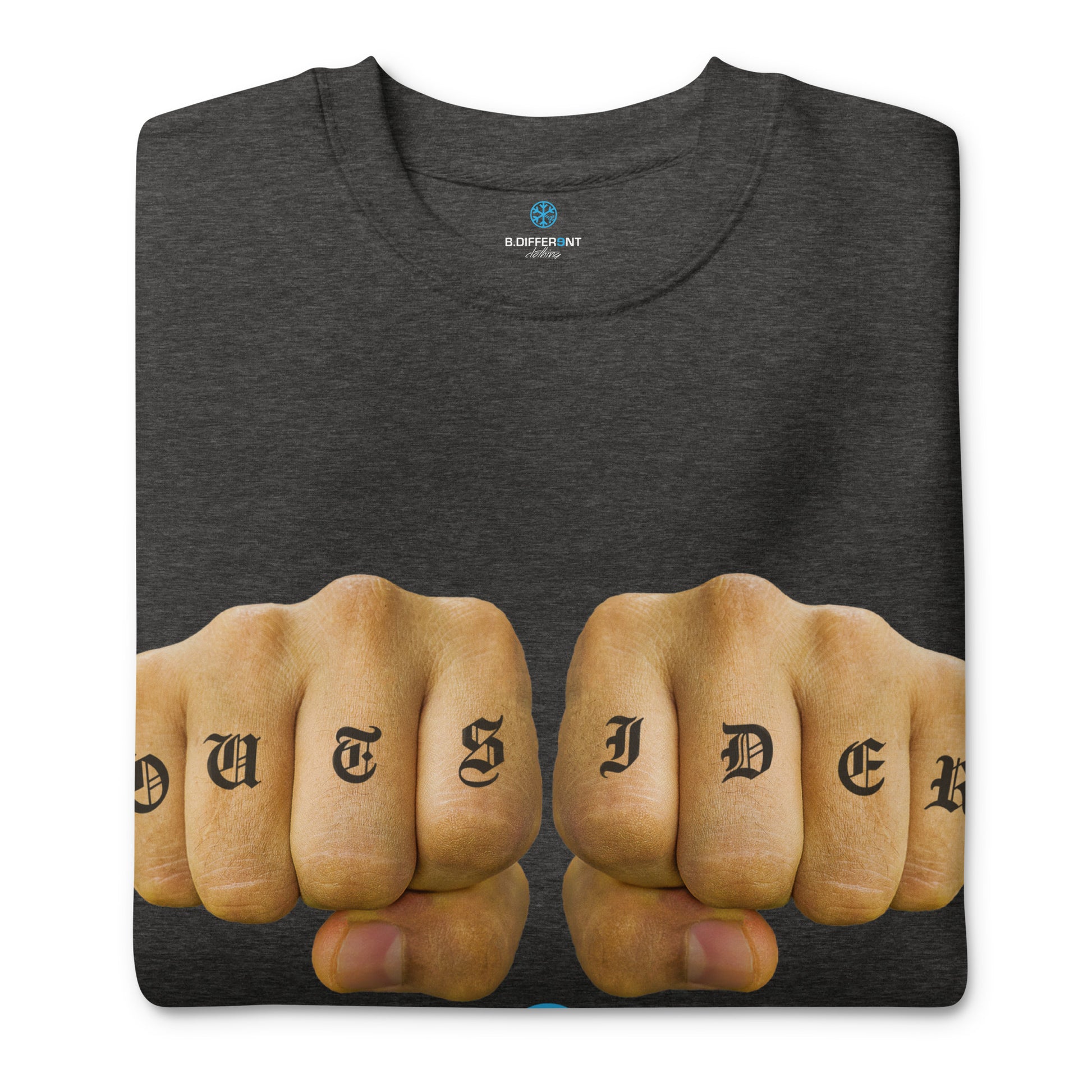 Darkgray-Outsider Tattoo Sweatshirt from B.Different Clothing, folded, graffiti-inspired streetwear