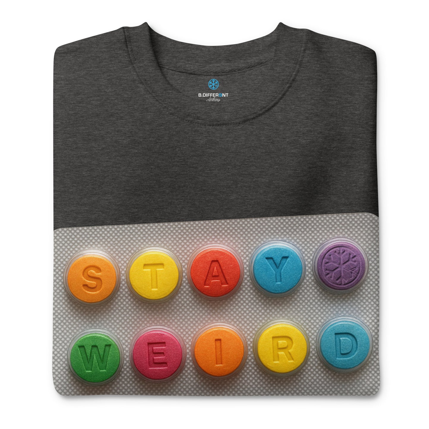 Darkgray-Stay Weird Pills Sweatshirt from B.Different Clothing, folded, graffiti-inspired streetwear