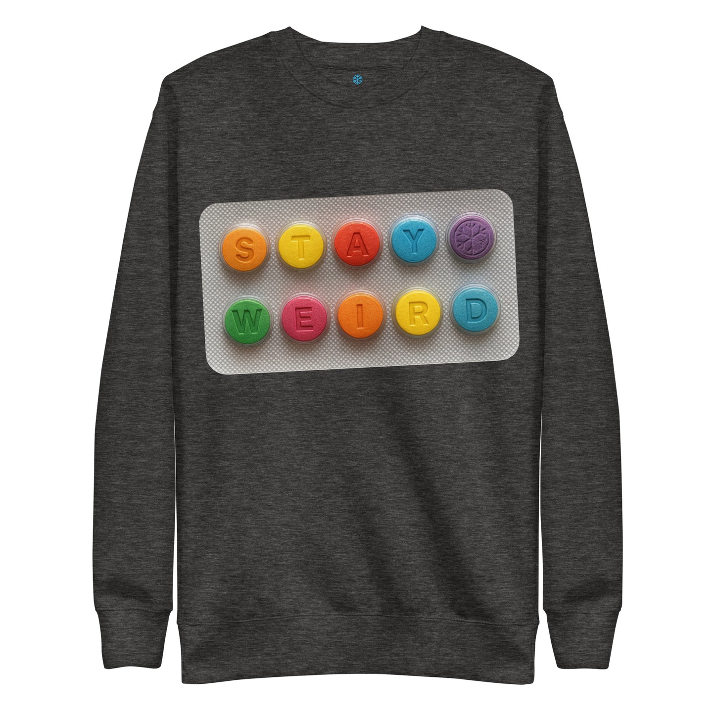 Darkgray-Stay Weird Pills Sweatshirt from B.Different Clothing, front view, graffiti-inspired streetwear