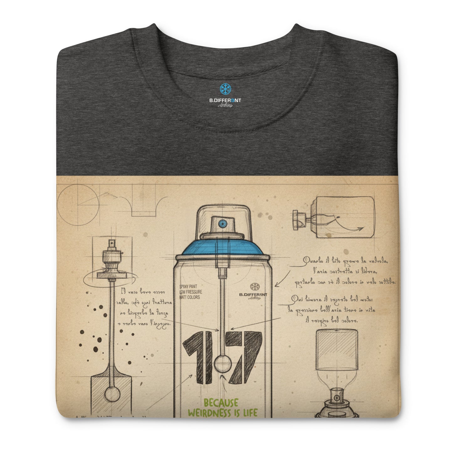 Darkgray-Spray Can Sketch Graffiti Sweatshirt from B.Different Clothing, folded, graffiti-inspired streetwear