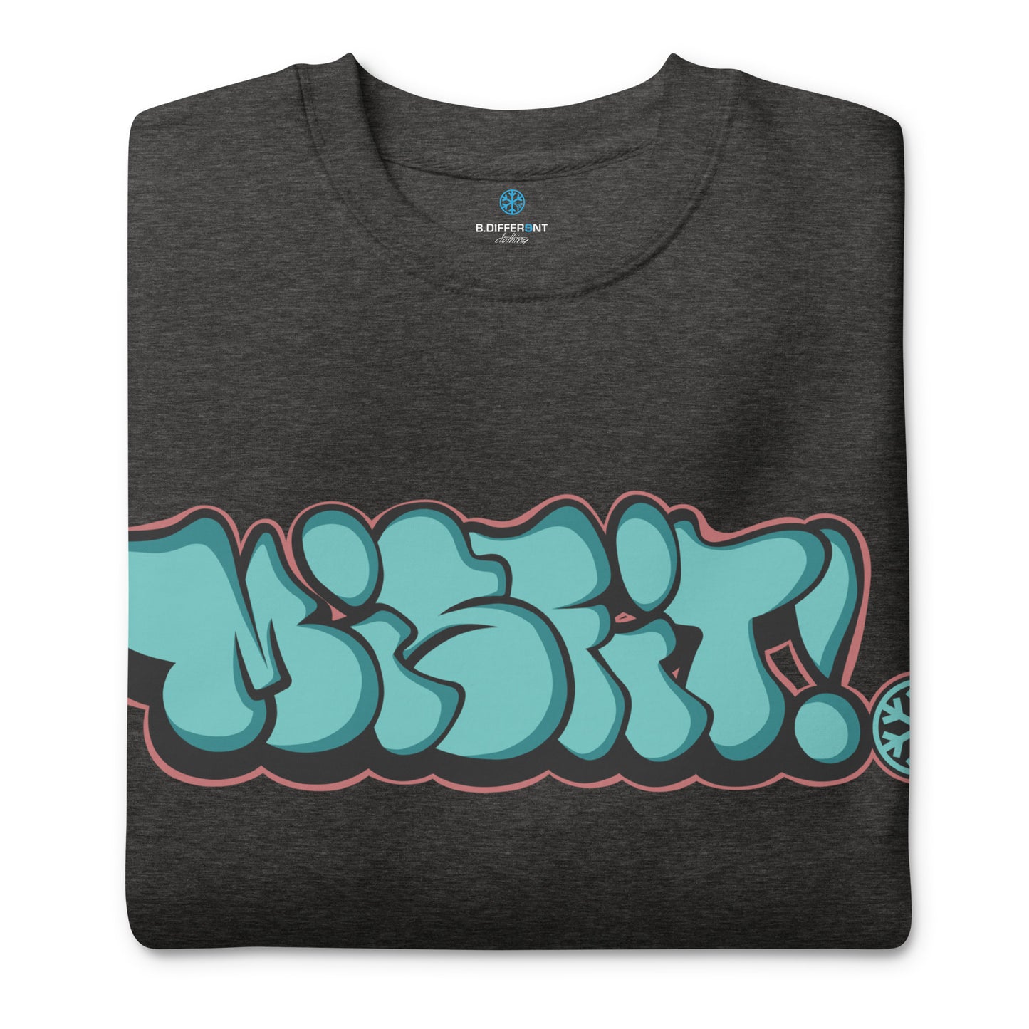 Darkgray-Misfit Graffiti Throwie Sweatshirt from B.Different Clothing, folded, graffiti-inspired streetwear t-shirt