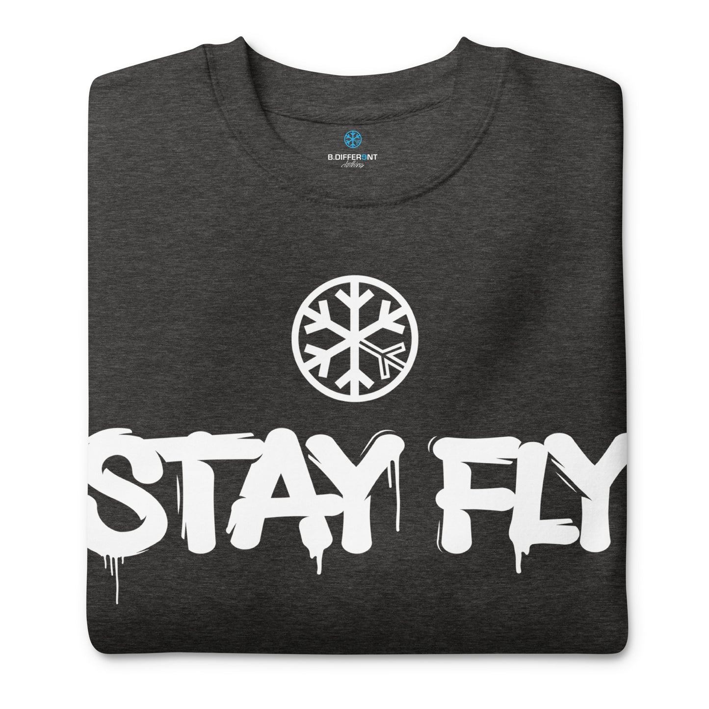 Darkgray-Stay Fly Graffiti Tag Sweatshirt from B.Different Clothing, folded, graffiti-inspired streetwear