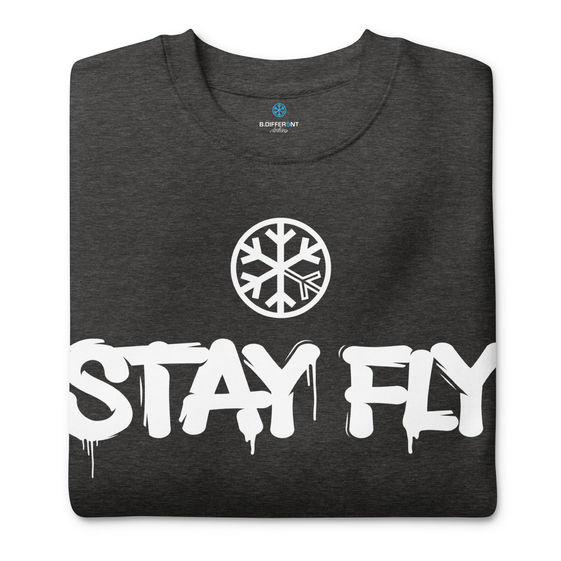 Darkgray-Stay Fly Graffiti Tag Sweatshirt from B.Different Clothing, folded, graffiti-inspired streetwear
