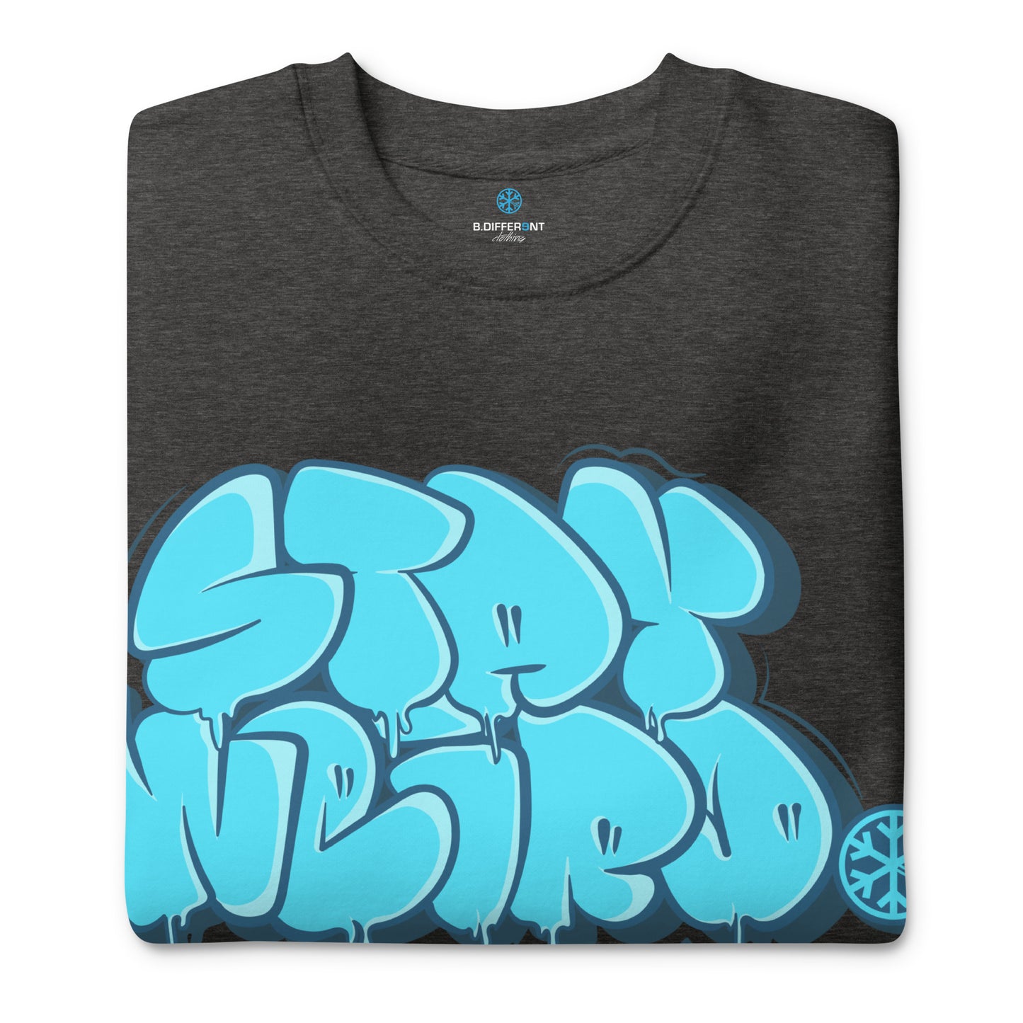 Darkgray-Stay Weird Graffiti Throw-up Sweatshirt from B.Different Clothing, folded, graffiti-inspired streetwear