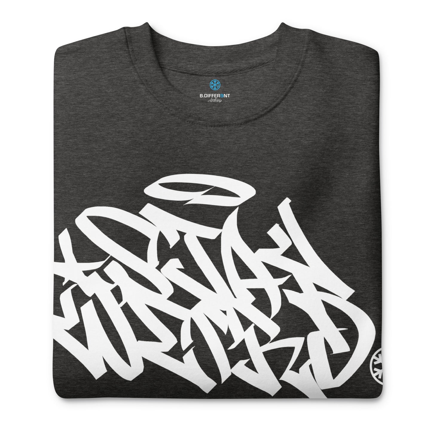 Darkgray-Stay Weird Graffiti Tag Sweatshirt from B.Different Clothing, folded, graffiti-inspired streetwear
