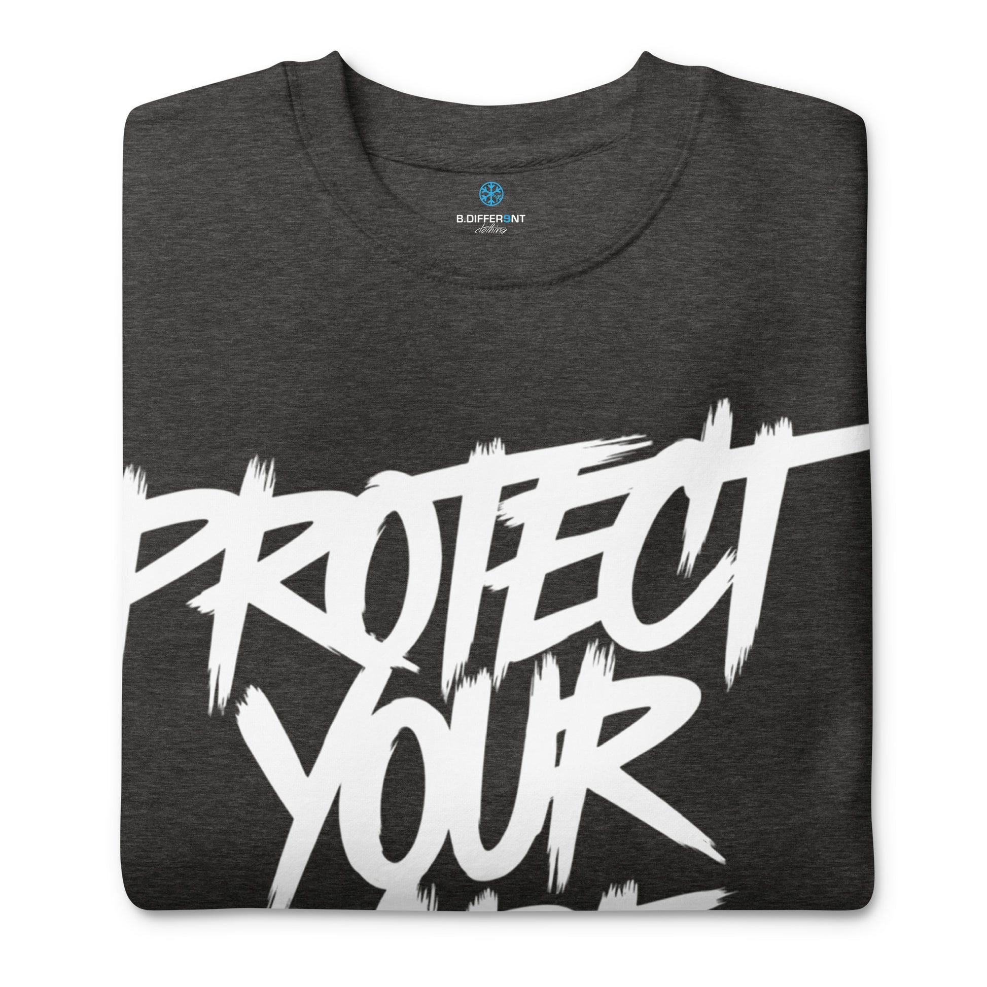 Darkgray-Protect Your Vibe Graffiti Tag Sweatshirt from B.Different Clothing, folded, graffiti-inspired streetwear