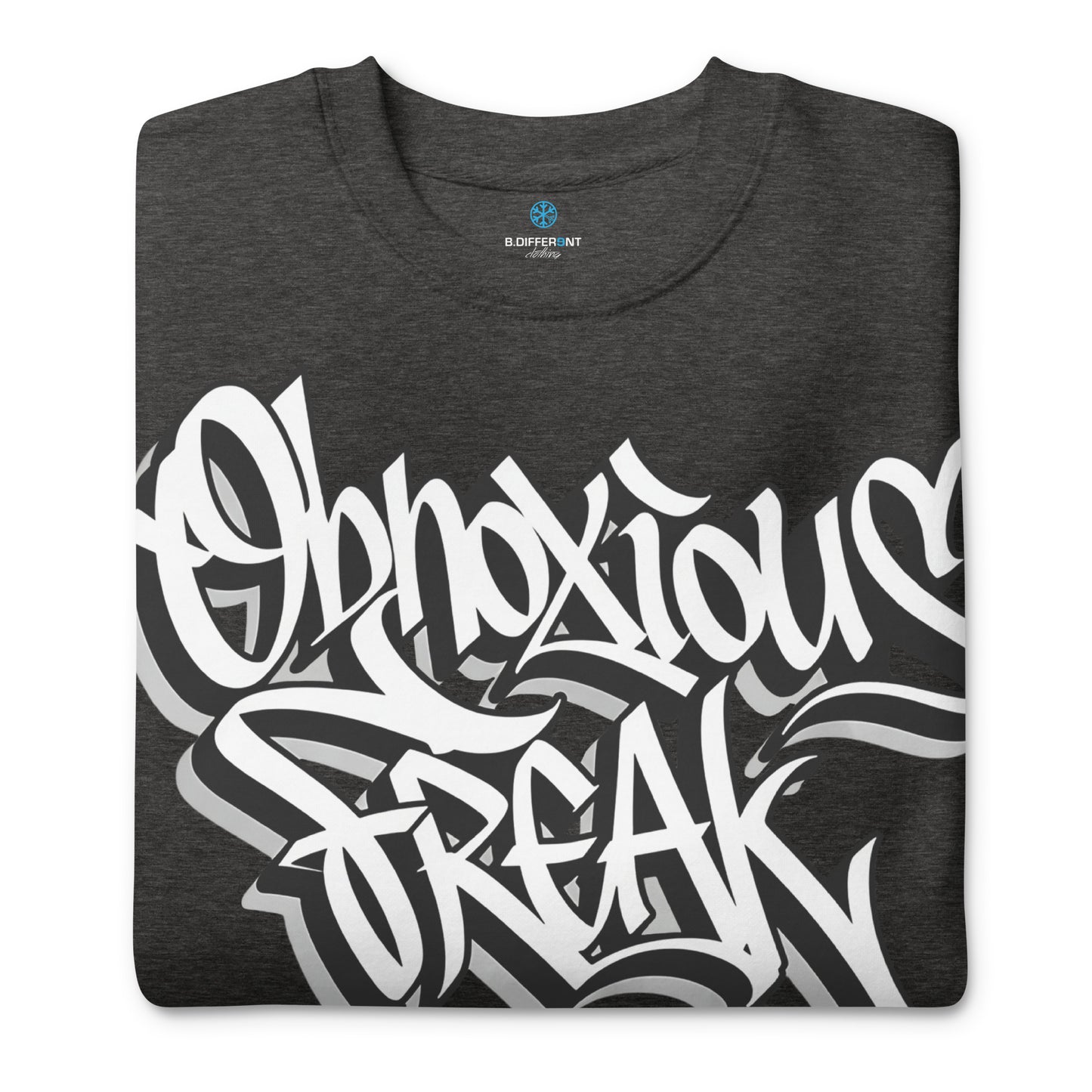 Darkgray-Obnoxious Freak Graffiti Sweatshirt from B.Different Clothing, folded, graffiti-inspired streetwear