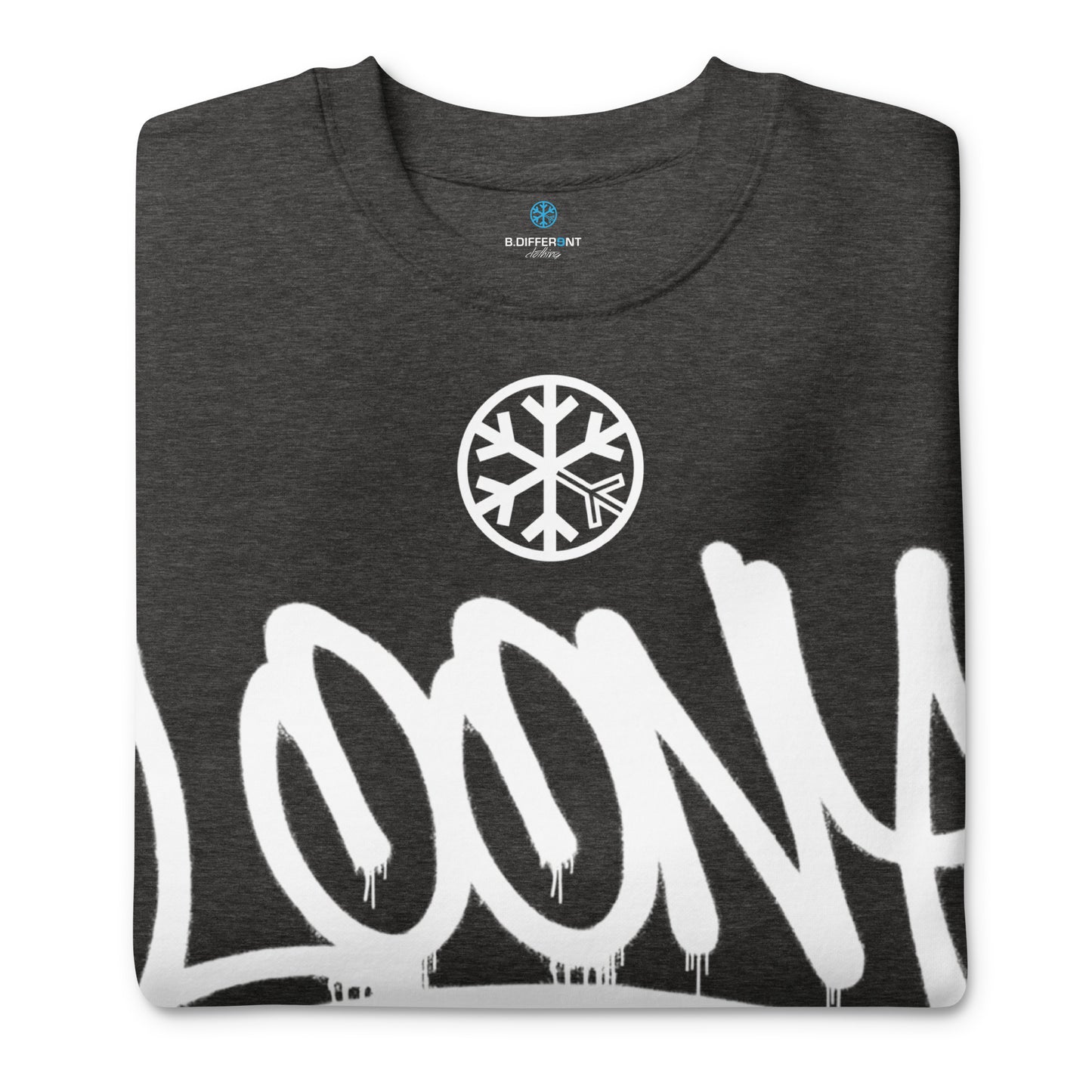 Darkgray-Loony Graffiti Tag Sweatshirt from B.Different Clothing, folded, graffiti-inspired streetwear