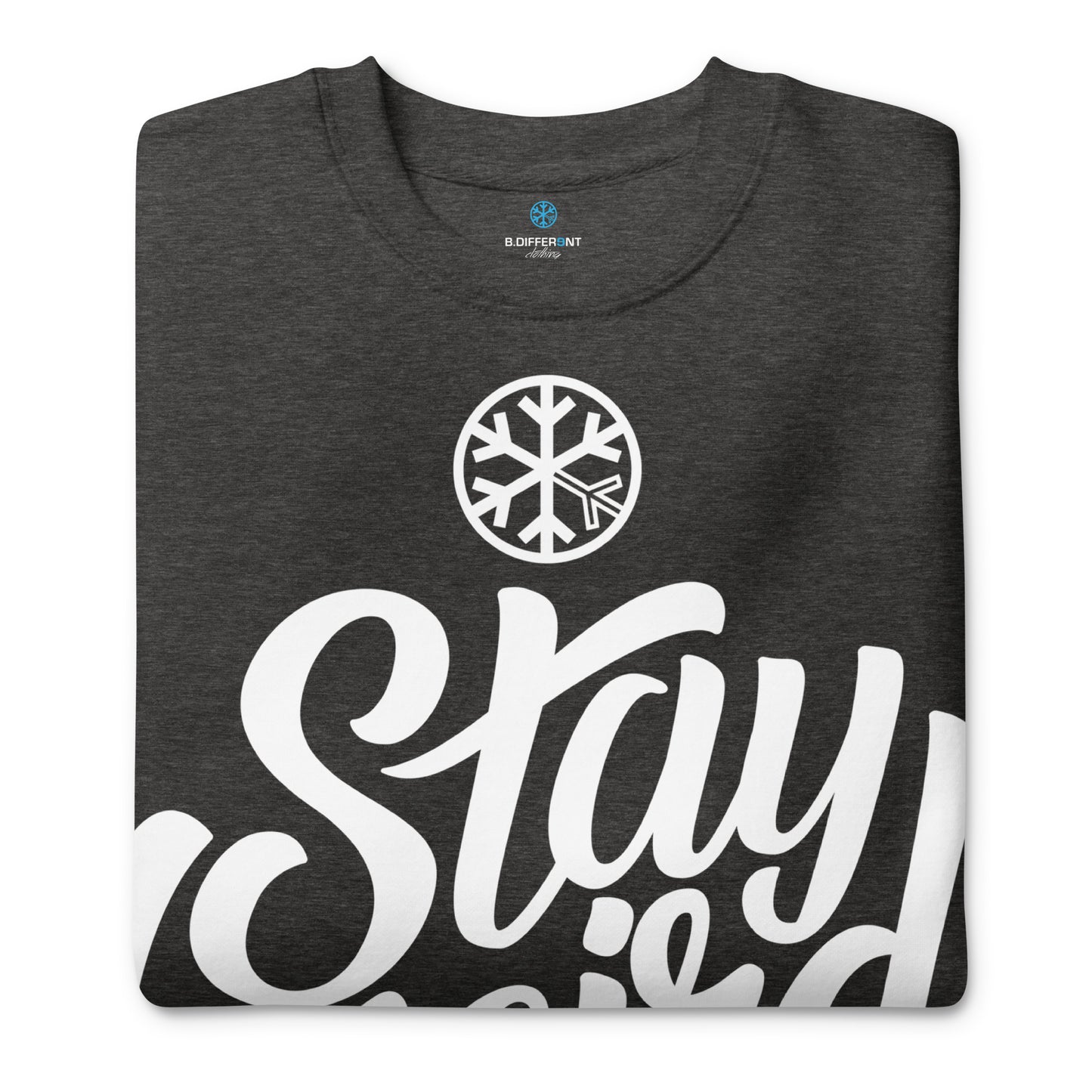 Darkgray-Stay Weird Sweatshirt from B.Different Clothing, folded, graffiti-inspired streetwear