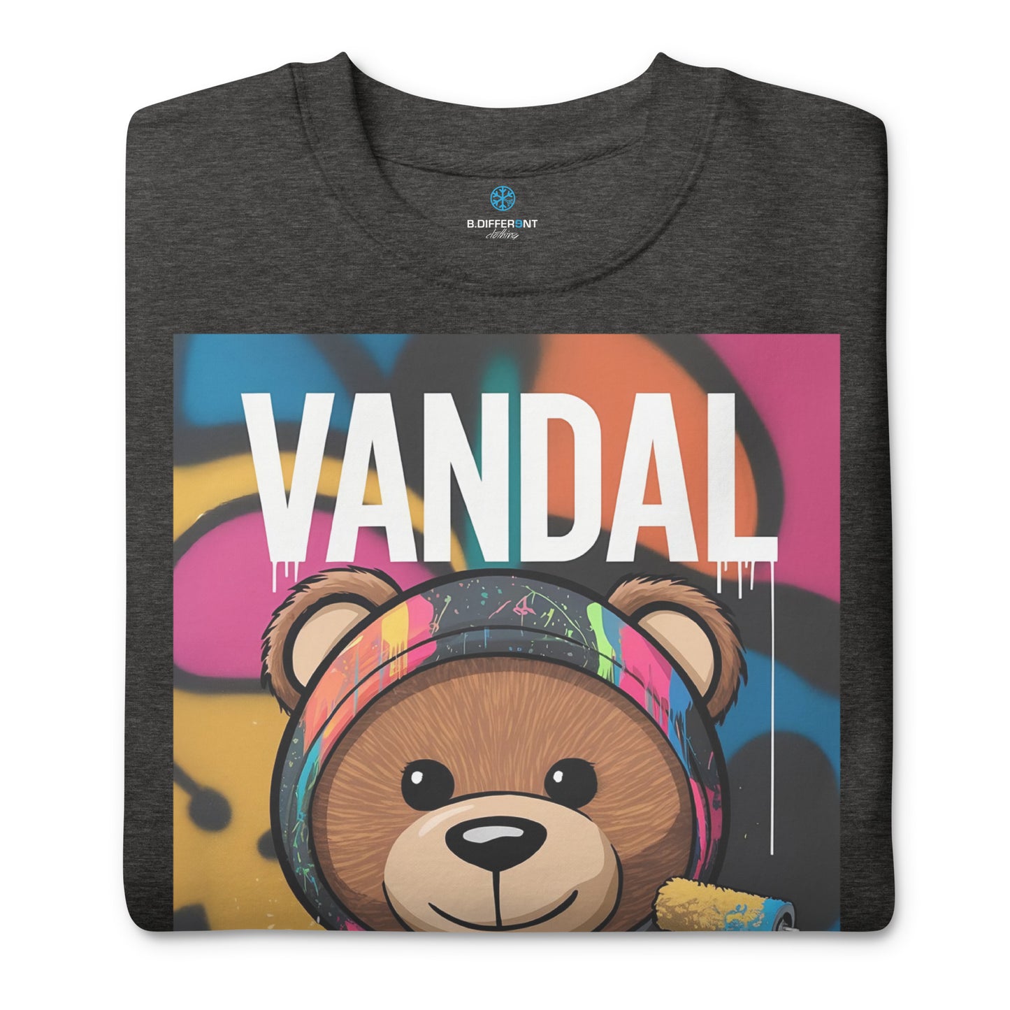 Darkgray-Vandal Teddy Bear Graffiti Sweatshirt from B.Different Clothing, folded, graffiti-inspired streetwear