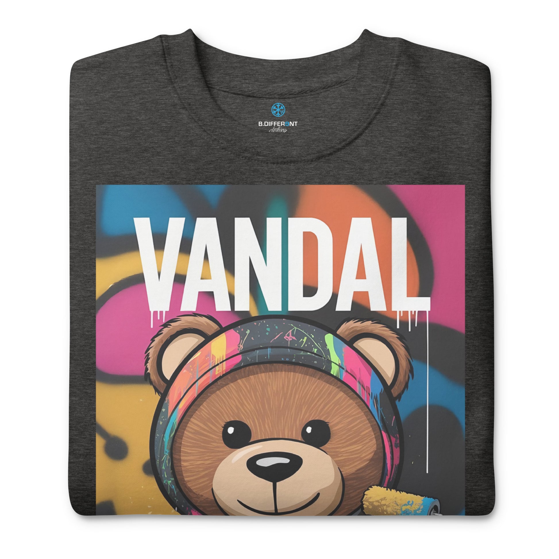 Darkgray-Vandal Teddy Bear Graffiti Sweatshirt from B.Different Clothing, folded, graffiti-inspired streetwear