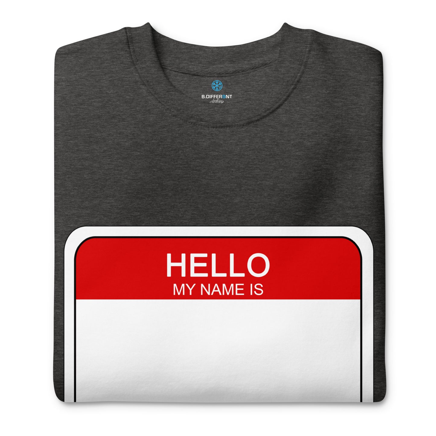 Darkgray-Hello My Name Is Sticker Graffiti Sweatshirt from B.Different Clothing, folded, graffiti-inspired streetwear