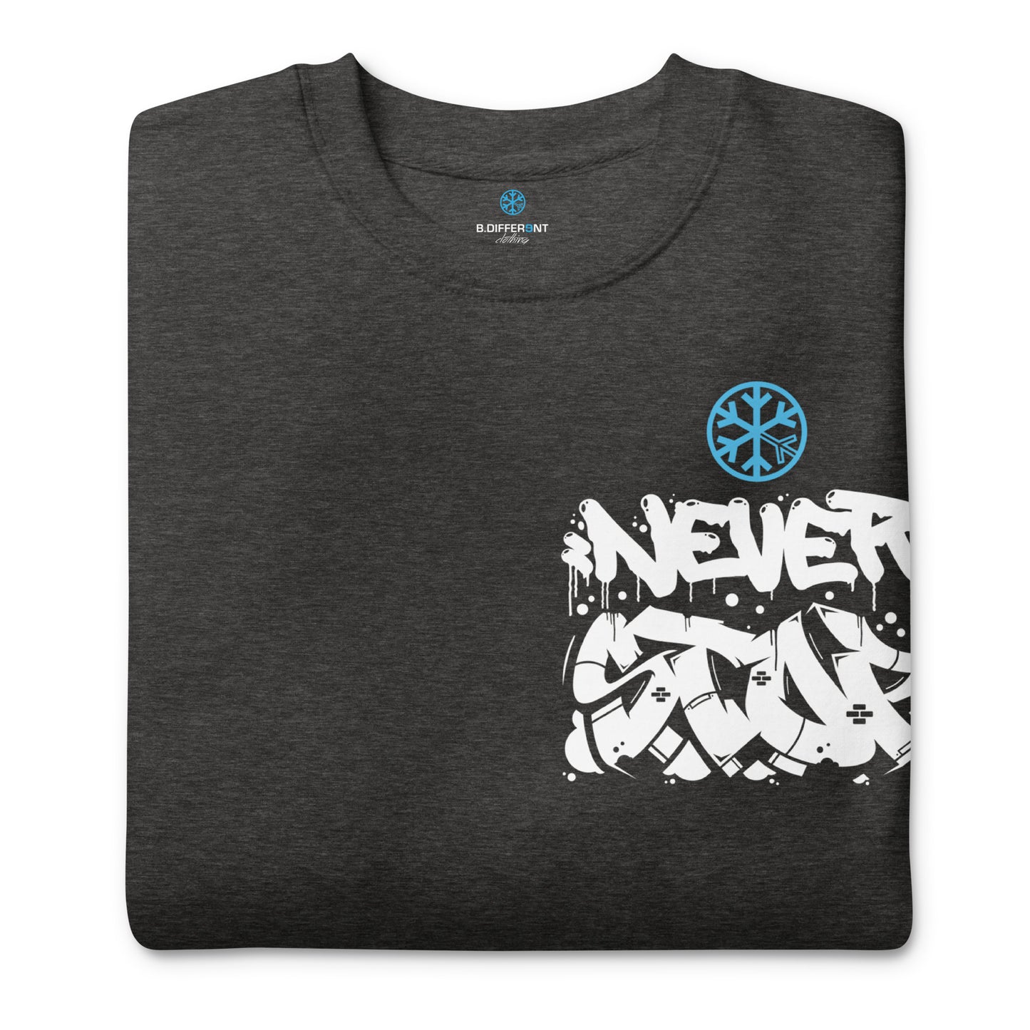 Darkgray-Never Stop Graffiti Character Sweatshirt from B.Different Clothing, folded, graffiti-inspired streetwear