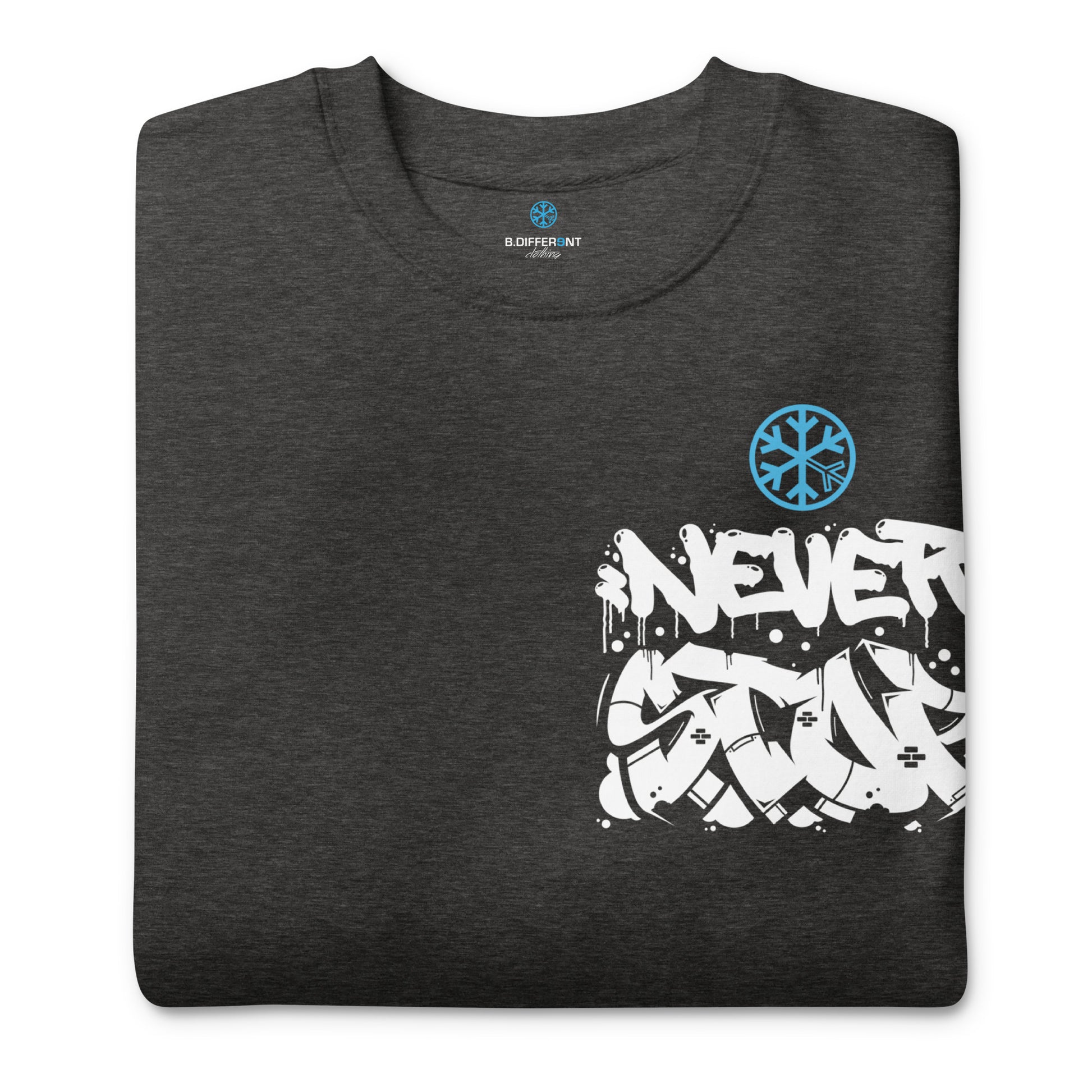 Darkgray-Never Stop Graffiti Character Sweatshirt from B.Different Clothing, folded, graffiti-inspired streetwear