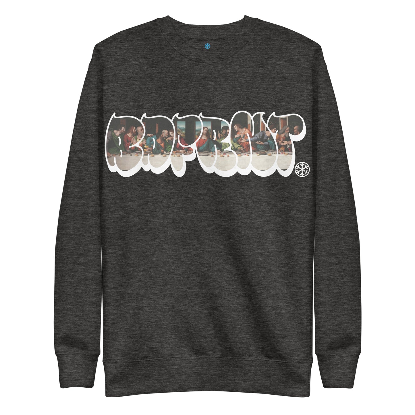 Darkgray-BDFRNT Throwie x Last Supper Graffiti Sweatshirt from B.Different Clothing, front view, graffiti-inspired streetwear