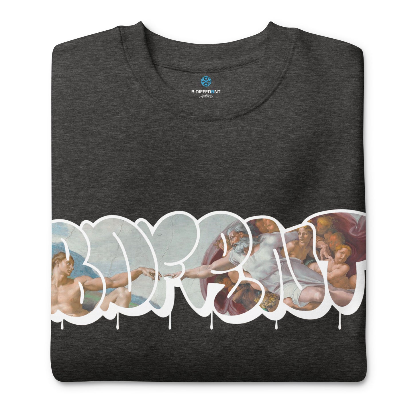Darkgray-BDFRNT Throwie x Creation of Adam Graffiti Sweatshirt from B.Different Clothing, folded, graffiti-inspired streetwear